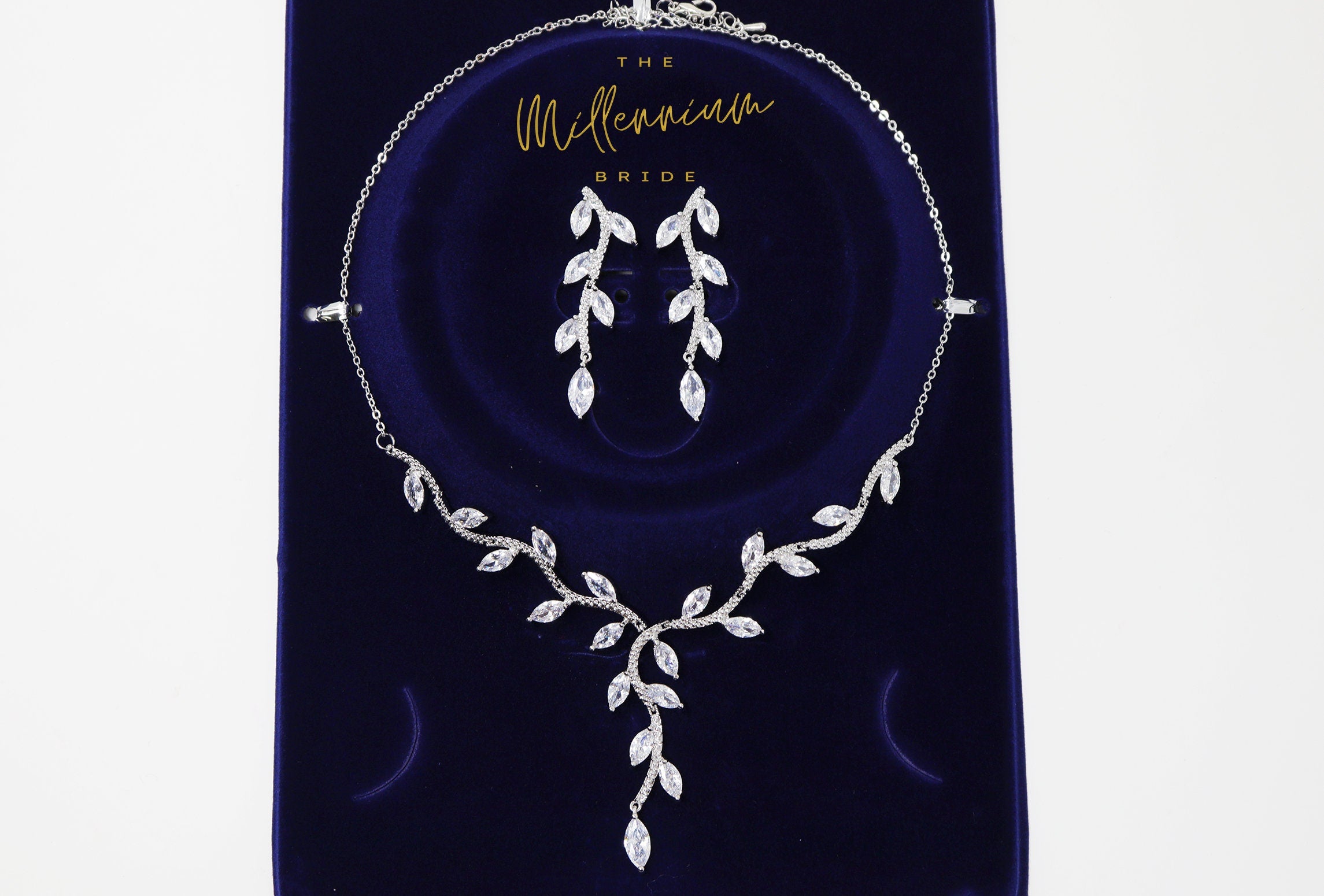 Swarovski Crystal Vine Leaves Necklace, Long Bridal Jewelry, Bridal Earrings And Necklace, Statement Earrings Cz Necklace Set.