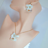Swarovski Freshwater Gold White Flower Crystal Necklace set , Long Bridal Jewelry Crystal Necklace Bridal Earrings Statement Earrings