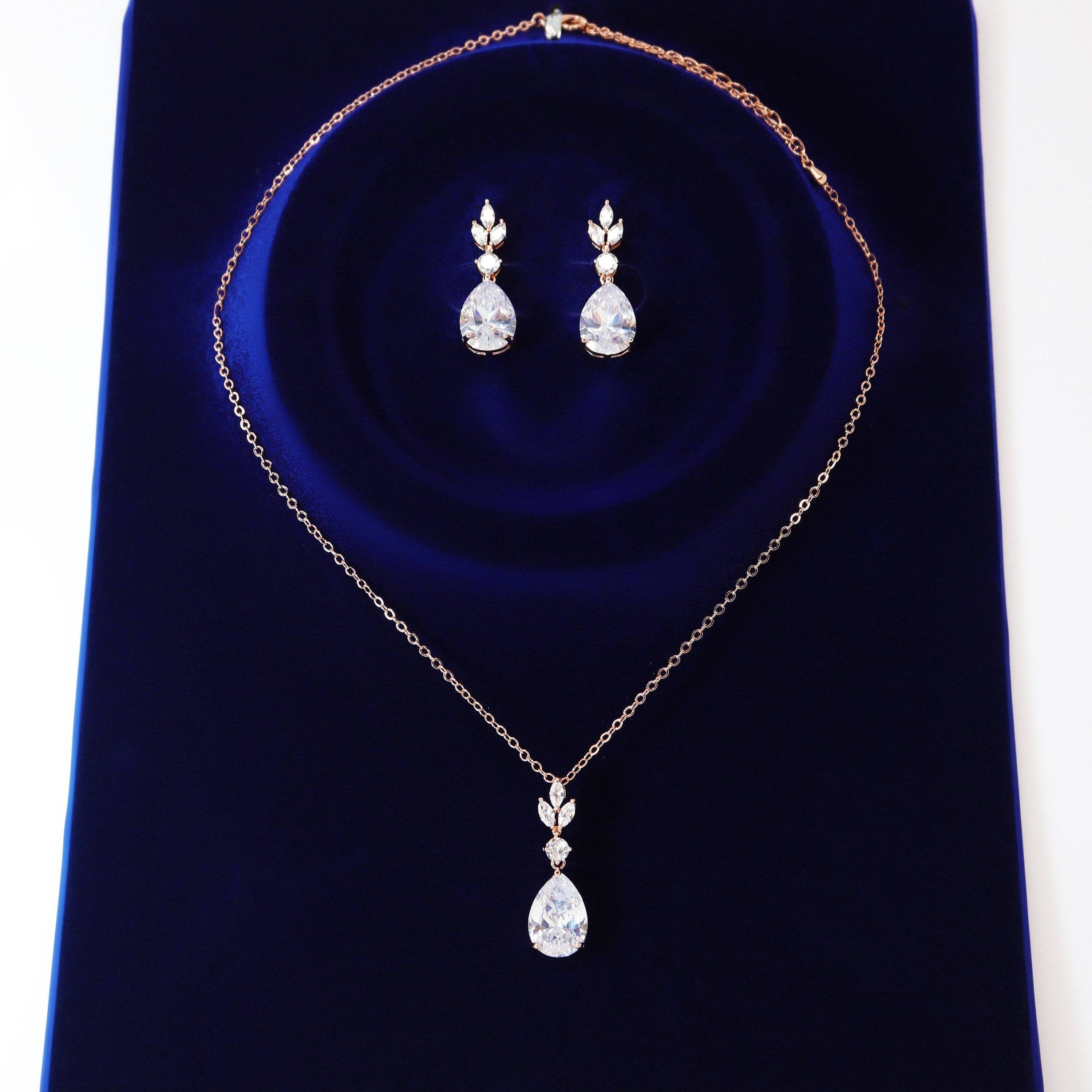 Swarovski Crystal Dainty Rose Gold Leaves Drop Necklace , Bridal Jewelry, Bridal Earrings And Necklace, Statement Earrings Cz, Necklace Set