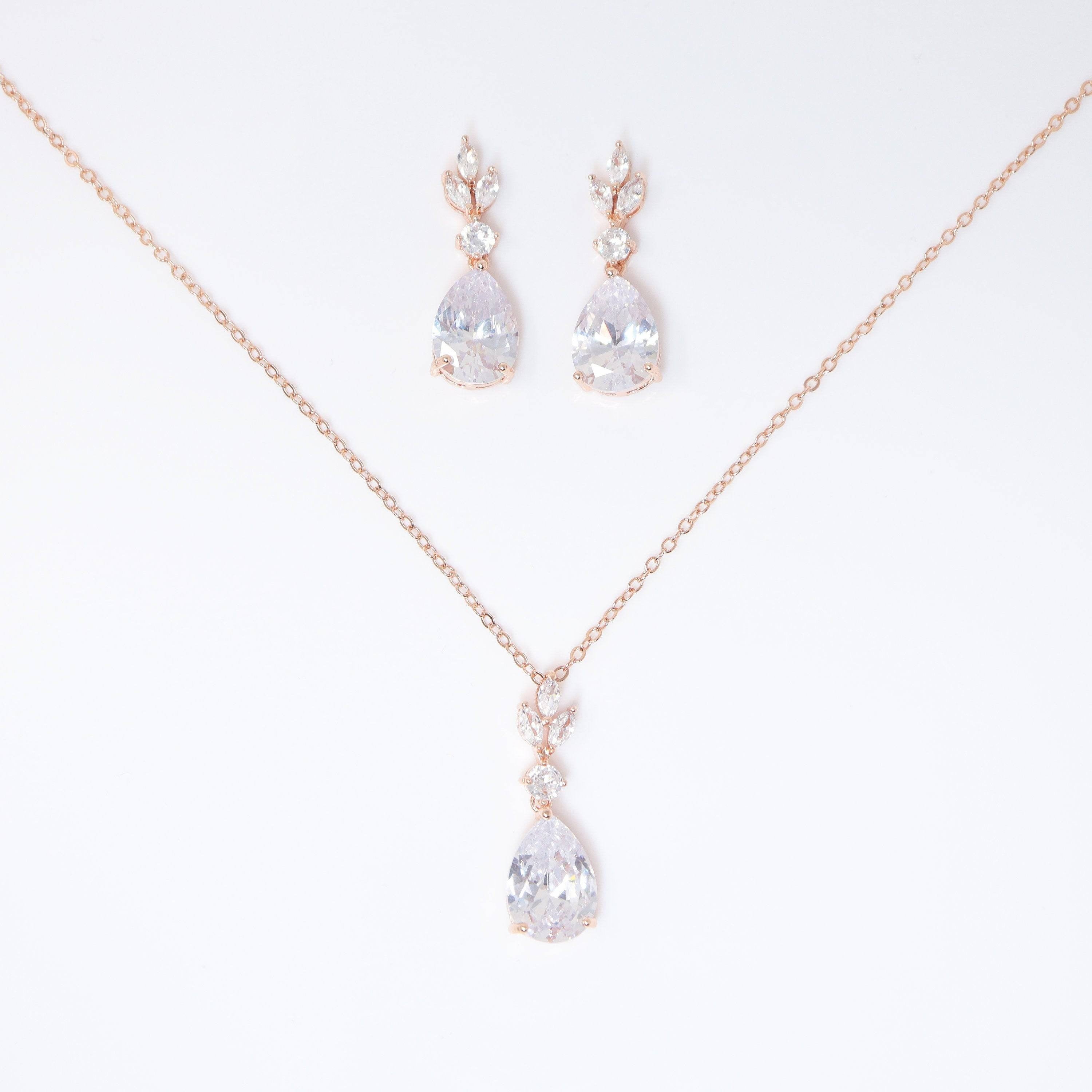 Swarovski Crystal Dainty Rose Gold Leaves Drop Necklace , Bridal Jewelry, Bridal Earrings And Necklace, Statement Earrings Cz, Necklace Set