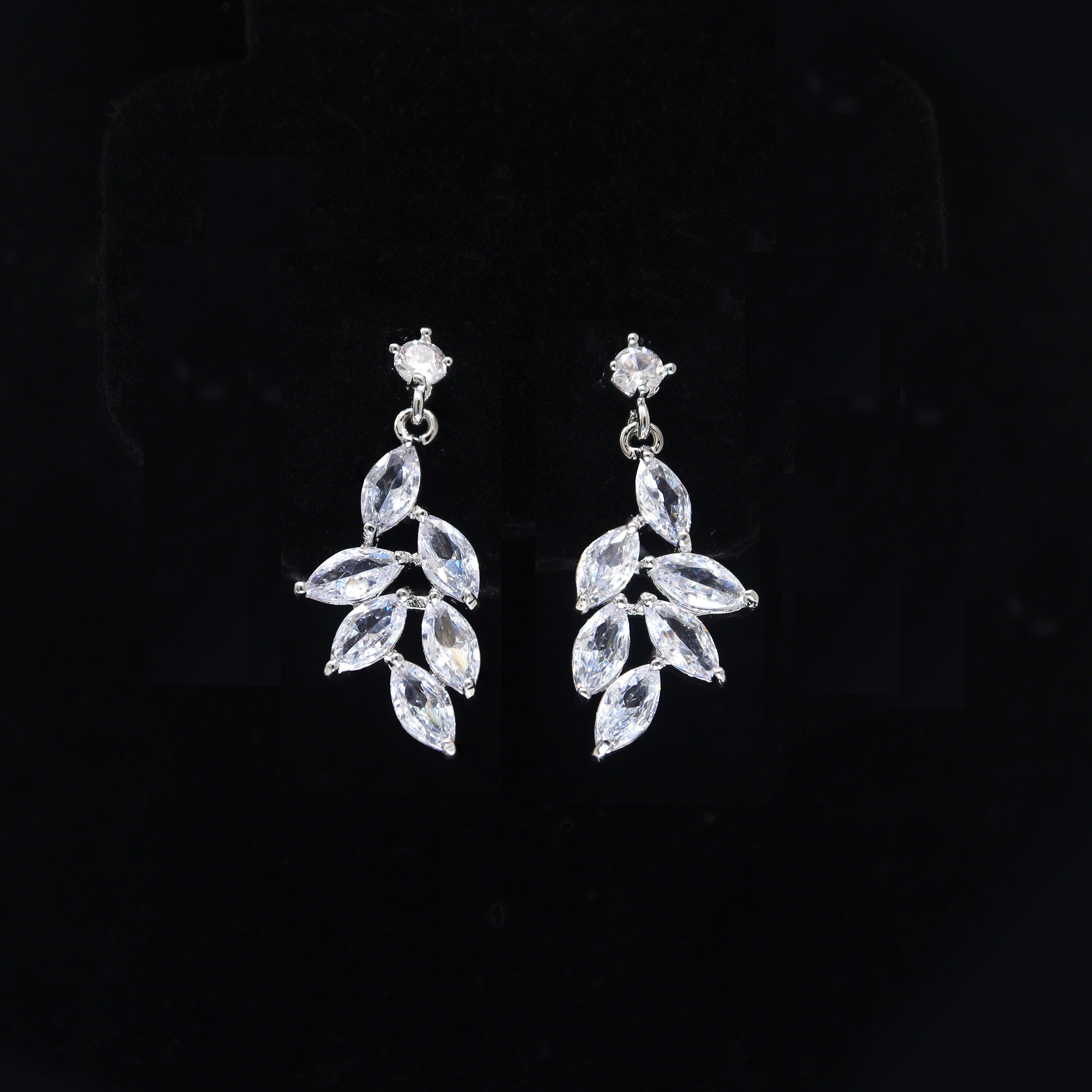 Swarovski Crystal Dainty Vine Leaves Necklace, Long Bridal Jewelry, Bridal Earrings And Necklace, Statement Earrings Cz Necklace Set.