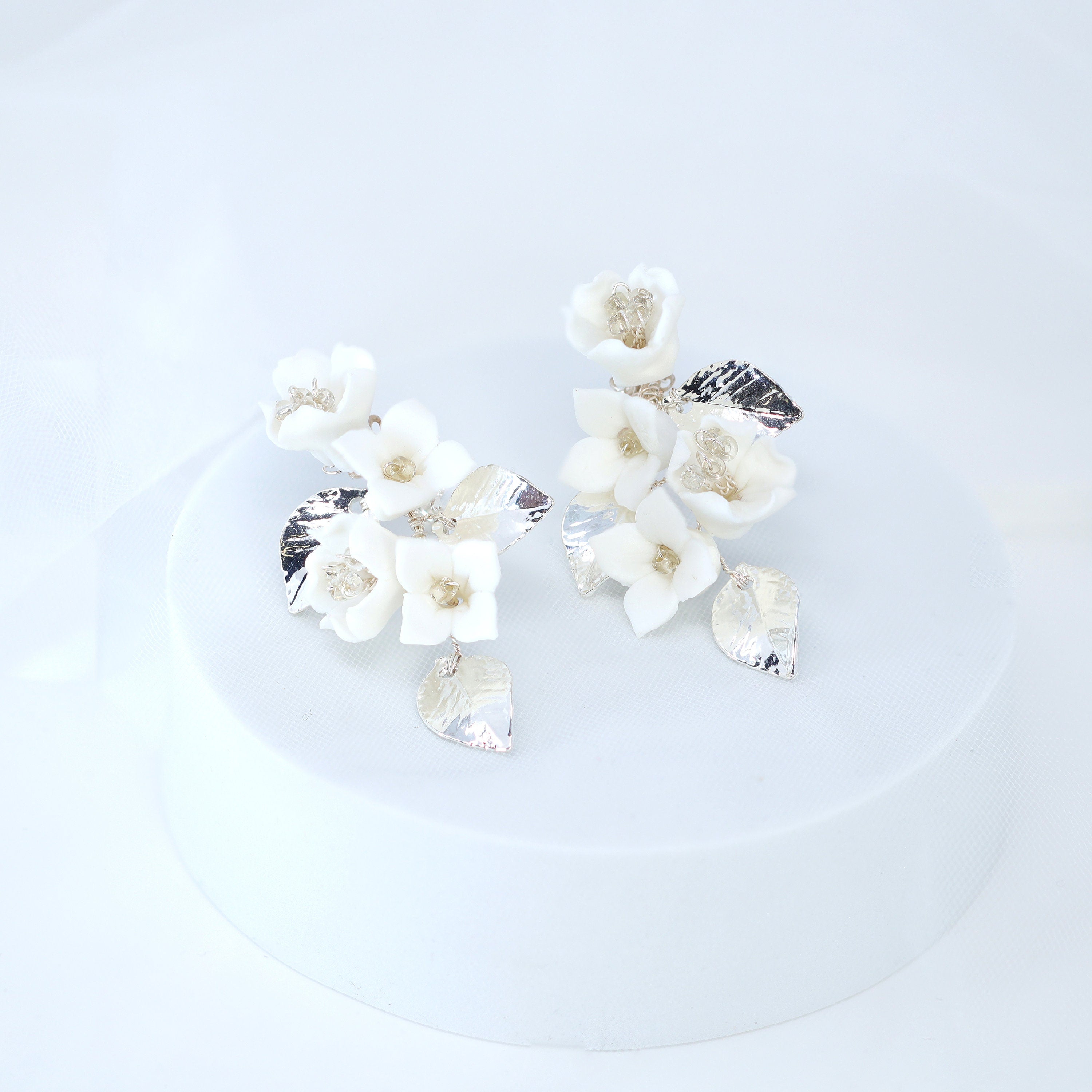 Clip on Ceramic White Flower Crystal And Gold Leaves Earrings, Long Bridal Jewelry, Flower Bridal Earrings, Statement Earrings