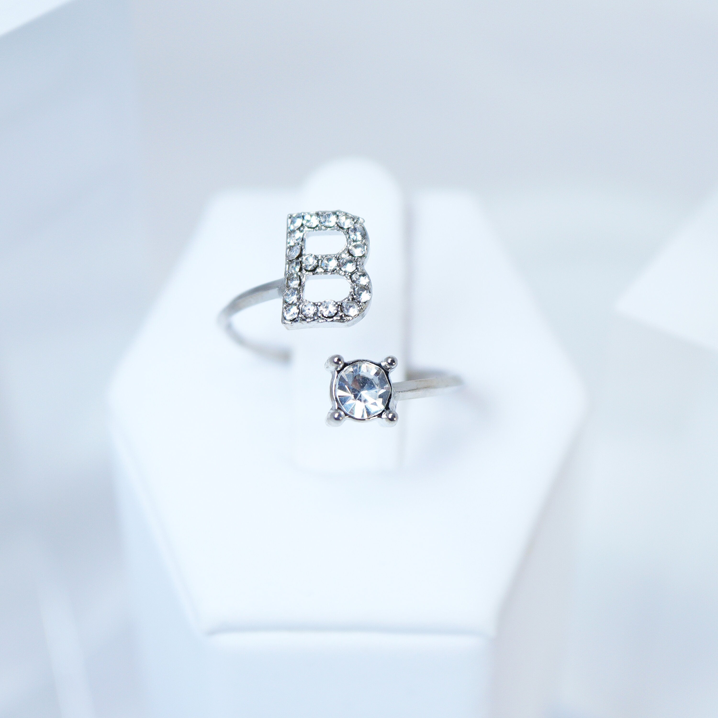 Dainty Crystal B Alphabet Statement Ring, Promise Ring For a Friend, Friendship ring.