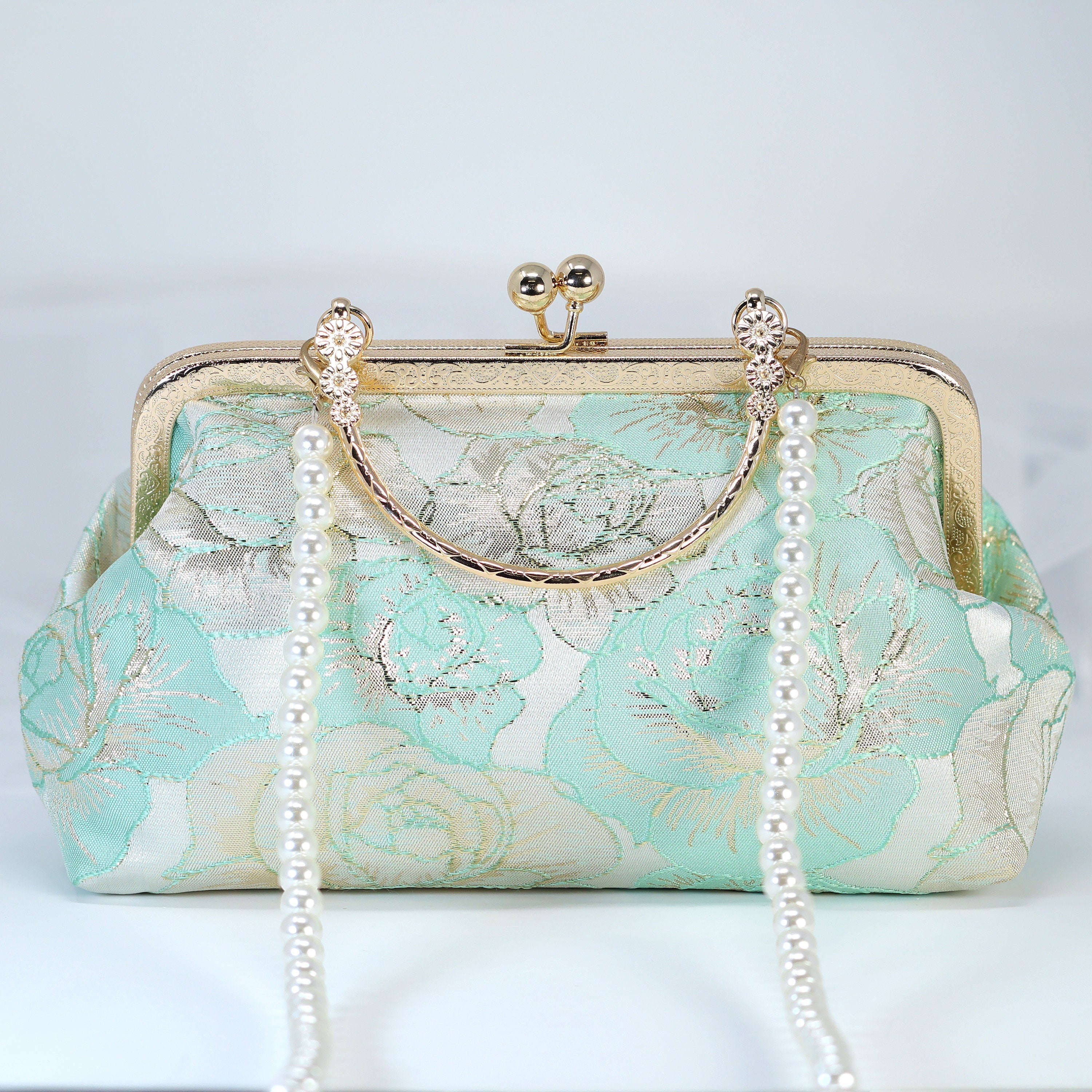 Light Blue Shimmering Gold Rose Floral Wedding Bag, Statement Bag, Evening Clutch, Wedding Clutch, Bridal Clutch, White Cross Body Bag