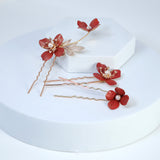 Swarovski Crystals Faux Pearl Red floral Bouquet Hair Comb' Bridal Hair Accessories, Wedding Hair Accessory, Bridal Hair Comb And Pins Set.