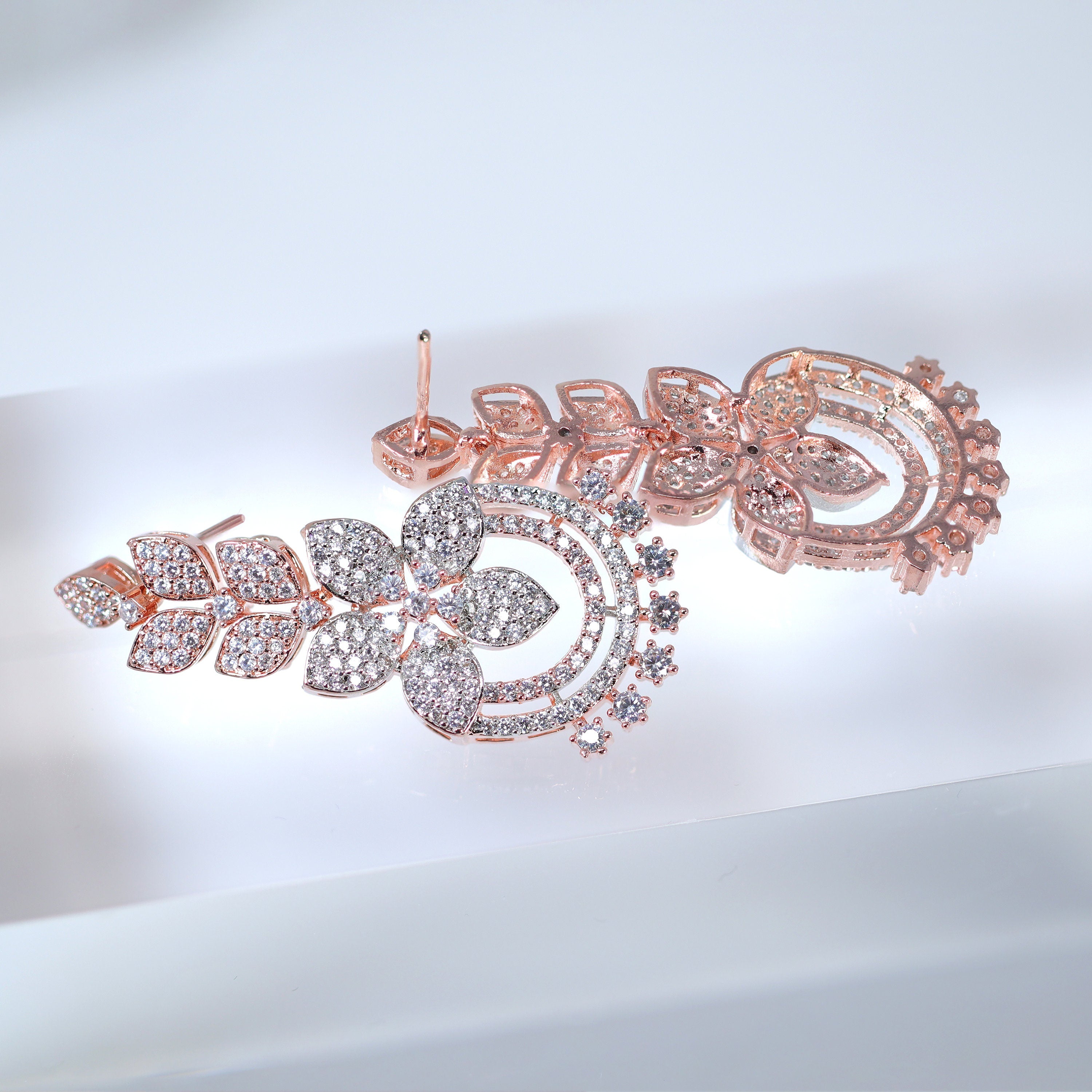 Swarovski Crystal Rose Gold Silver Flower Cascade Necklace set, Gift for her, Bride Necklace, Wedding Necklace Set Cz.