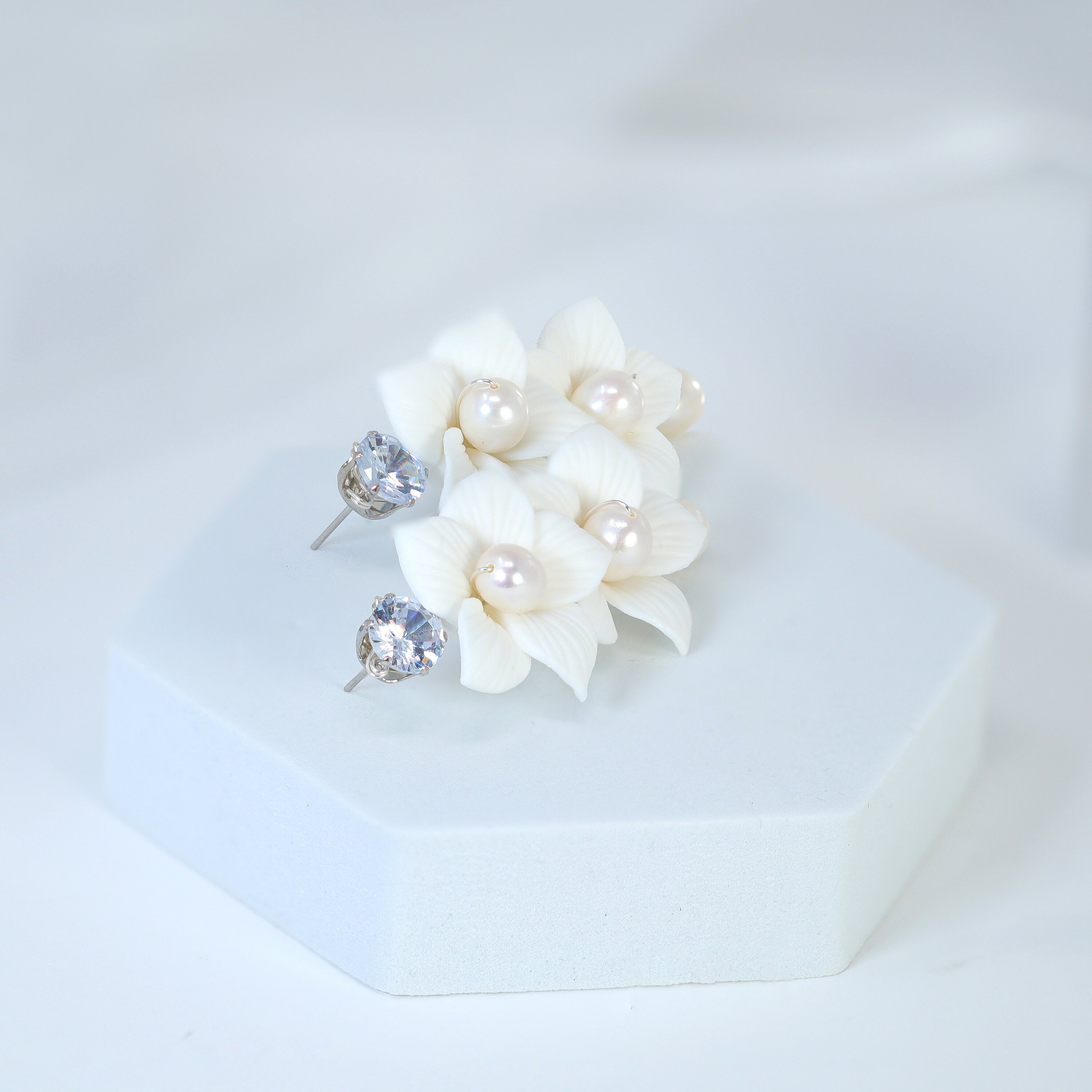 Natural Pearl Swarovski Porcelain Ceramic White Flower Pearl Sparkling Crystal Long Crystal Bridal Earrings Statement Earrings Cz