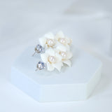 Natural Pearl Swarovski Porcelain Ceramic White Flower Pearl Sparkling Crystal Long Crystal Bridal Earrings Statement Earrings Cz