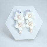 Natural Pearl Swarovski Porcelain Ceramic White Flower Pearl Sparkling Crystal Long Crystal Bridal Earrings Statement Earrings Cz