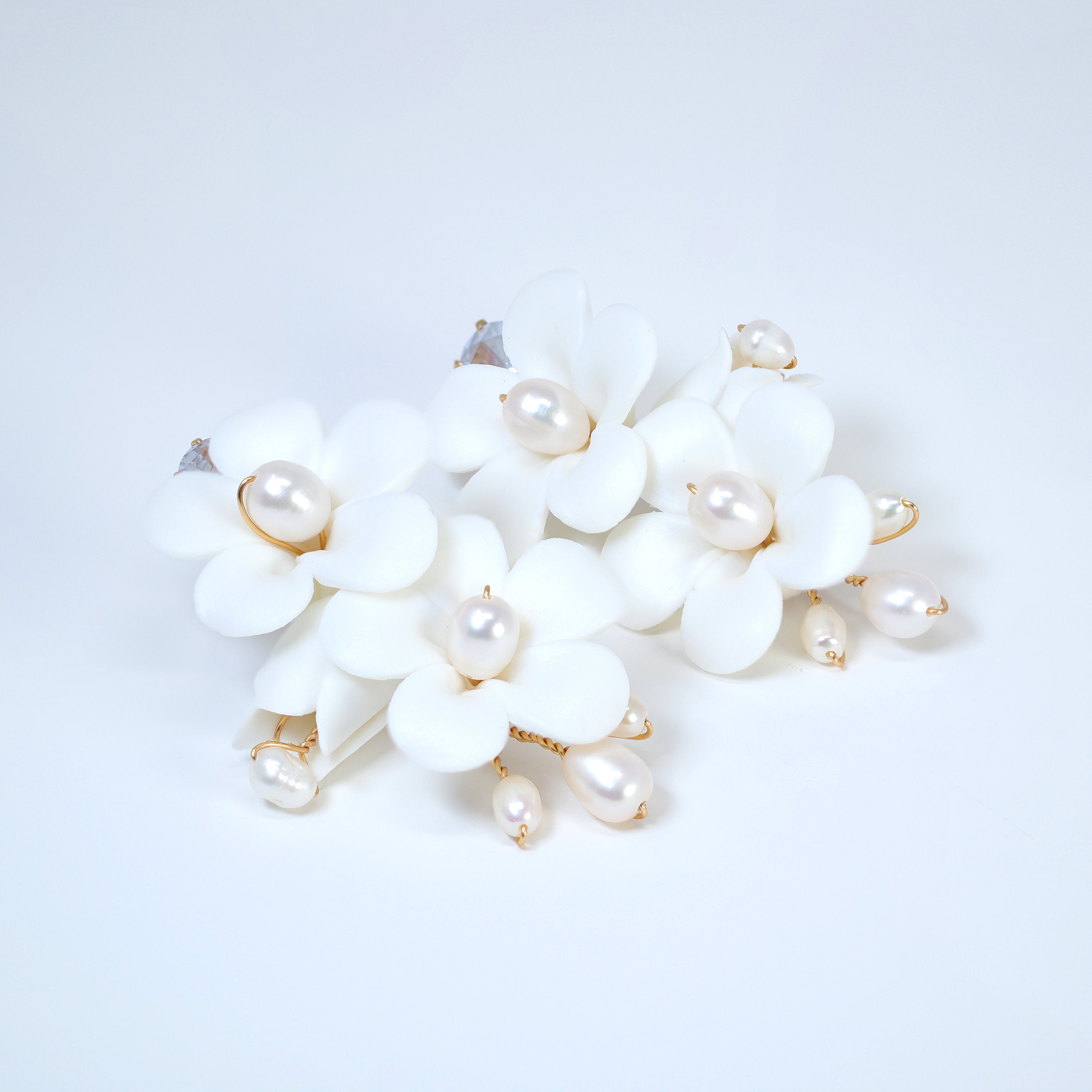 Natural Pearl Ray Of Shine Porcelain Ceramic White Flower Long Bridal Earrings Statement Earrings Cz