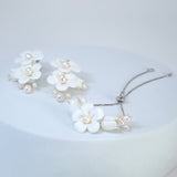 Natural Pearl Ray Of Shine Porcelain Comb, Ceramic White Flower Long Bridal Earrings Statement Earrings Cz