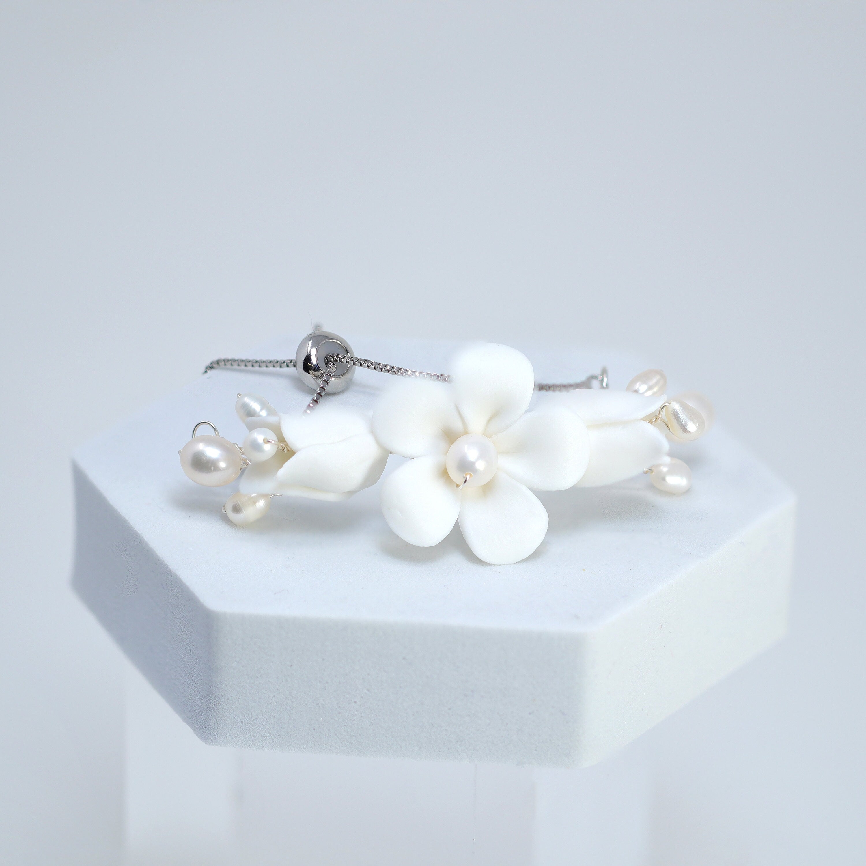Natural Pearl Ray Of Shine Porcelain Comb, Ceramic White Flower Long Bridal Earrings Statement Earrings Cz