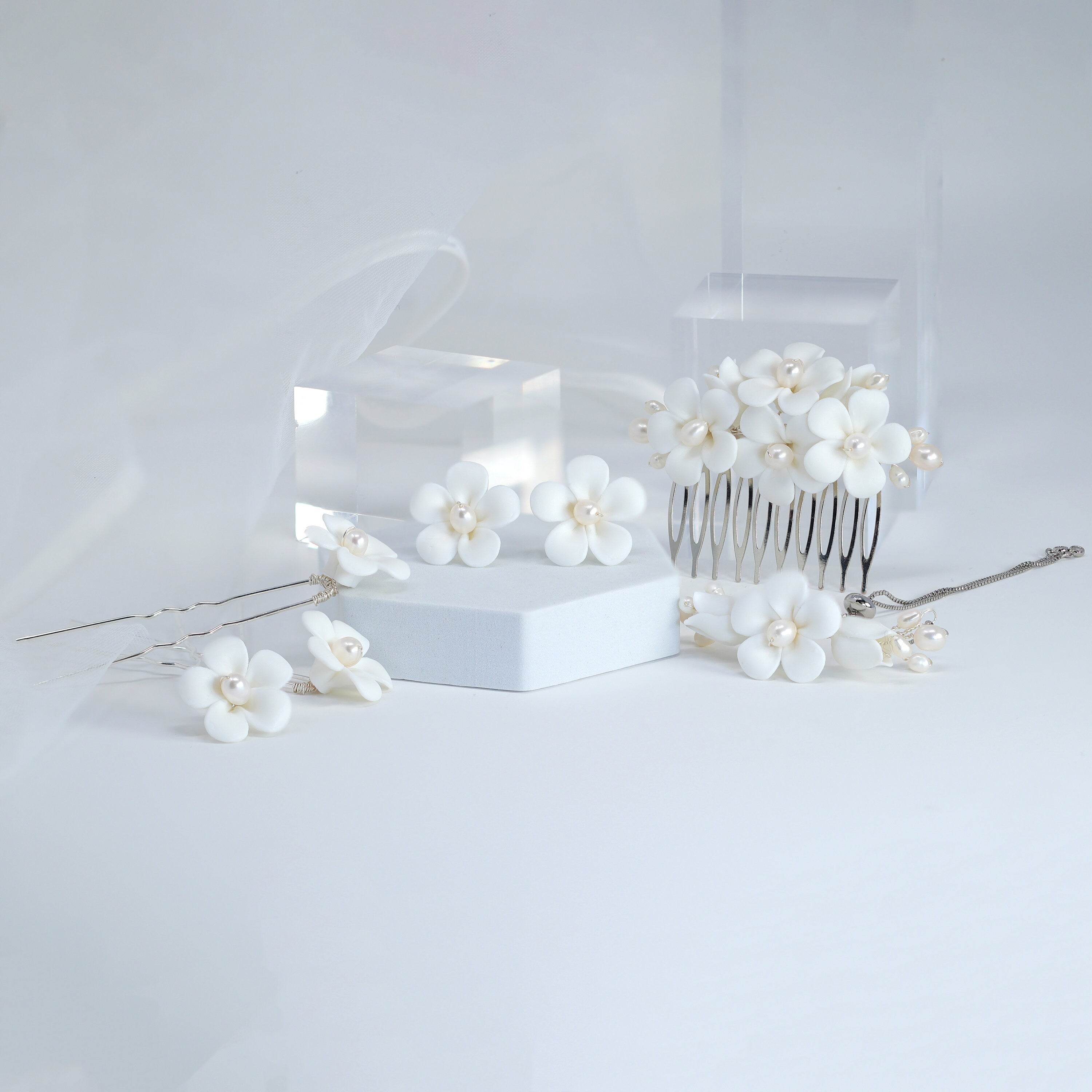 Set Of 3 Natural Pearl Ray Of Shine Porcelain Hair Pins, Ceramic White Flower Long Bridal Earrings Statement Earrings Cz