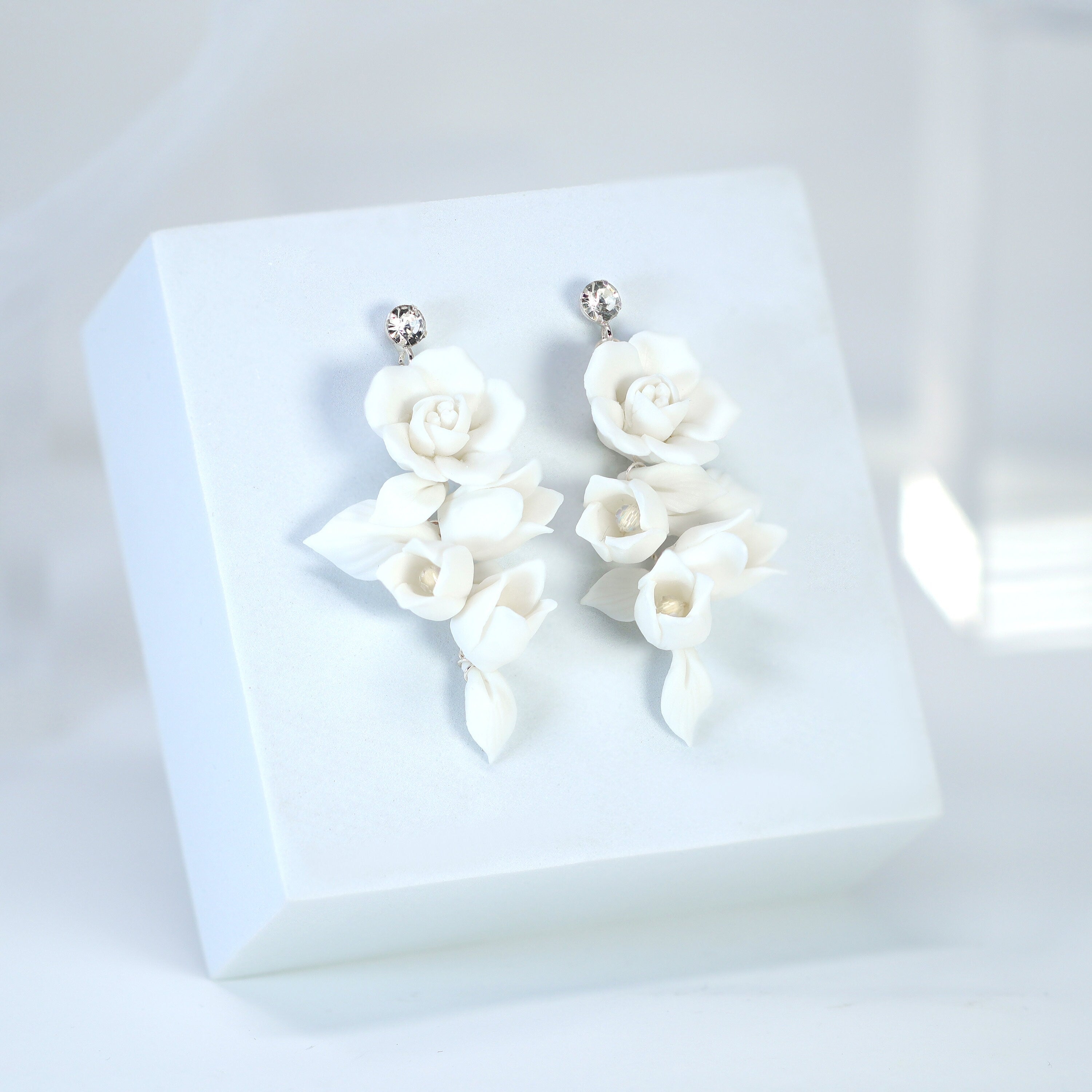 White Flower Petals Pearl Earrings, Long Bridal Jewelry Bridal Earrings Crystal Bridal Earrings Statement Earrings Cz
