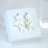 White Flower Petals Pearl Earrings, Long Bridal Jewelry Bridal Earrings Crystal Bridal Earrings Statement Earrings Cz