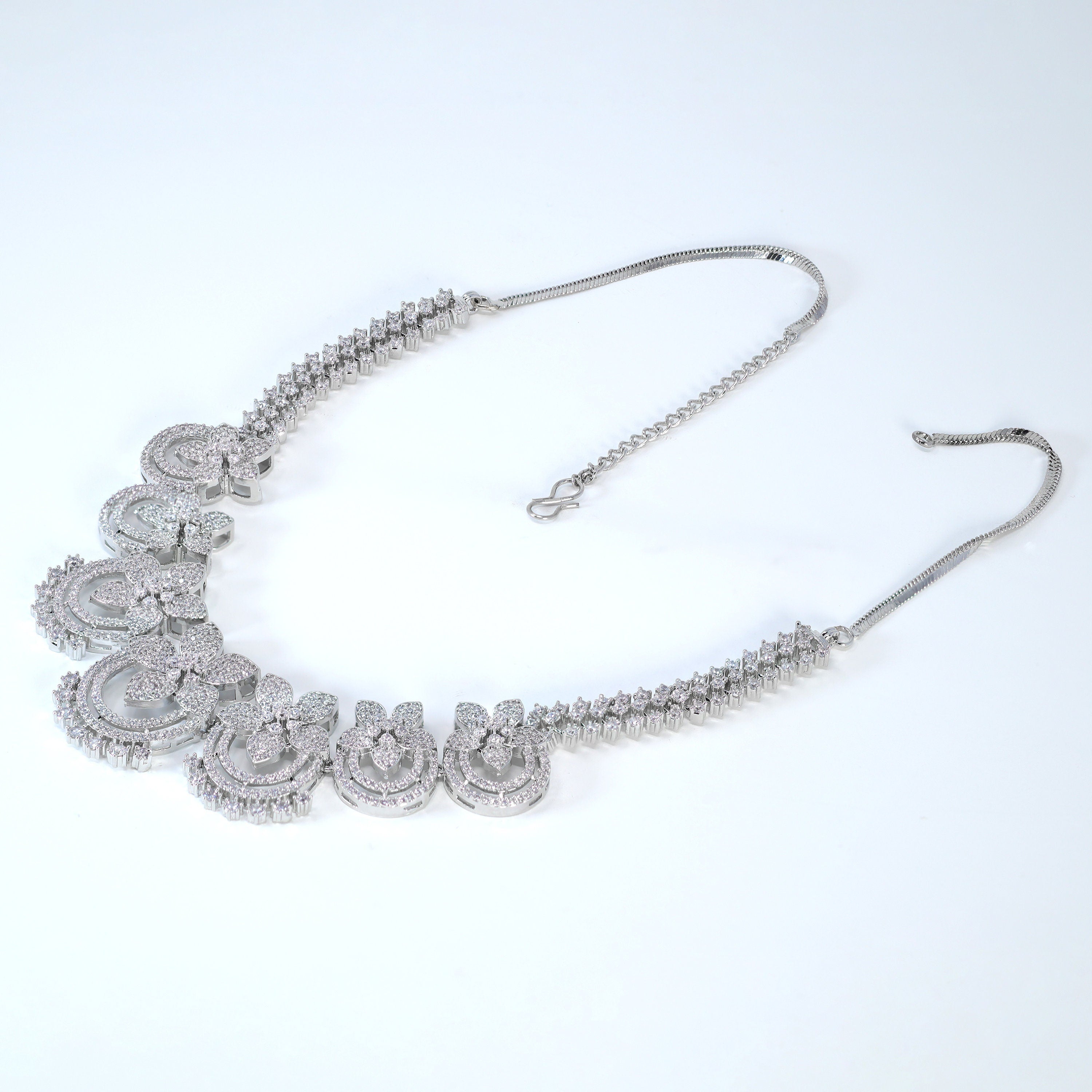 Swarovski Crystal Rose Gold Silver Flower Cascade Necklace set, Gift for her, Bride Necklace, Wedding Necklace Set Cz.