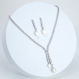 Elegant 2 Pearl Drops V Necklace Set, Dainty Bridal Jewelry Set, Gift For Her, Bridesmaid, Minimalist CZ Jewelry