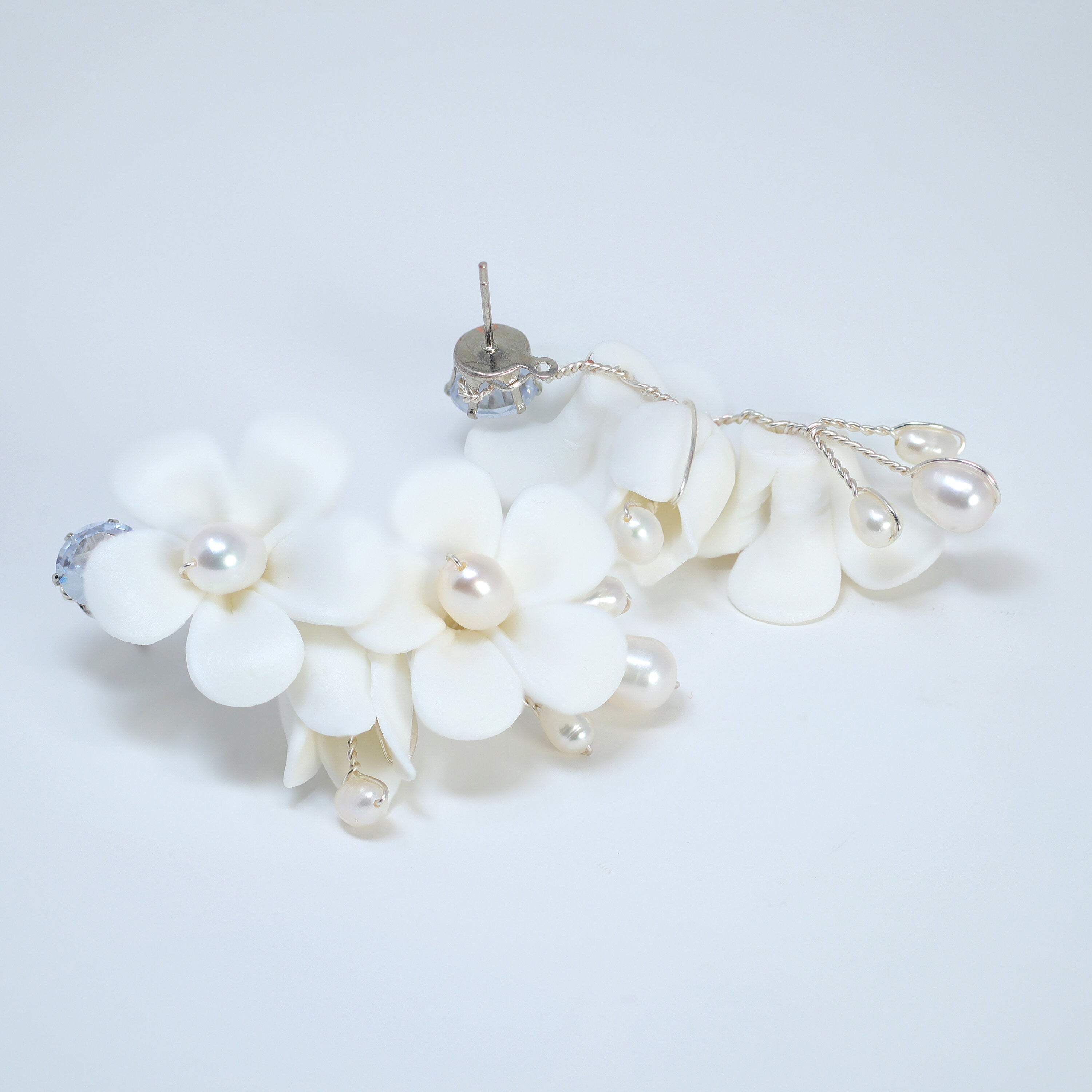 Natural Pearl Ray Of Shine Porcelain Ceramic White Flower Long Bridal Earrings Statement Earrings Cz