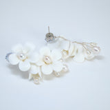 Natural Pearl Ray Of Shine Porcelain Ceramic White Flower Long Bridal Earrings Statement Earrings Cz