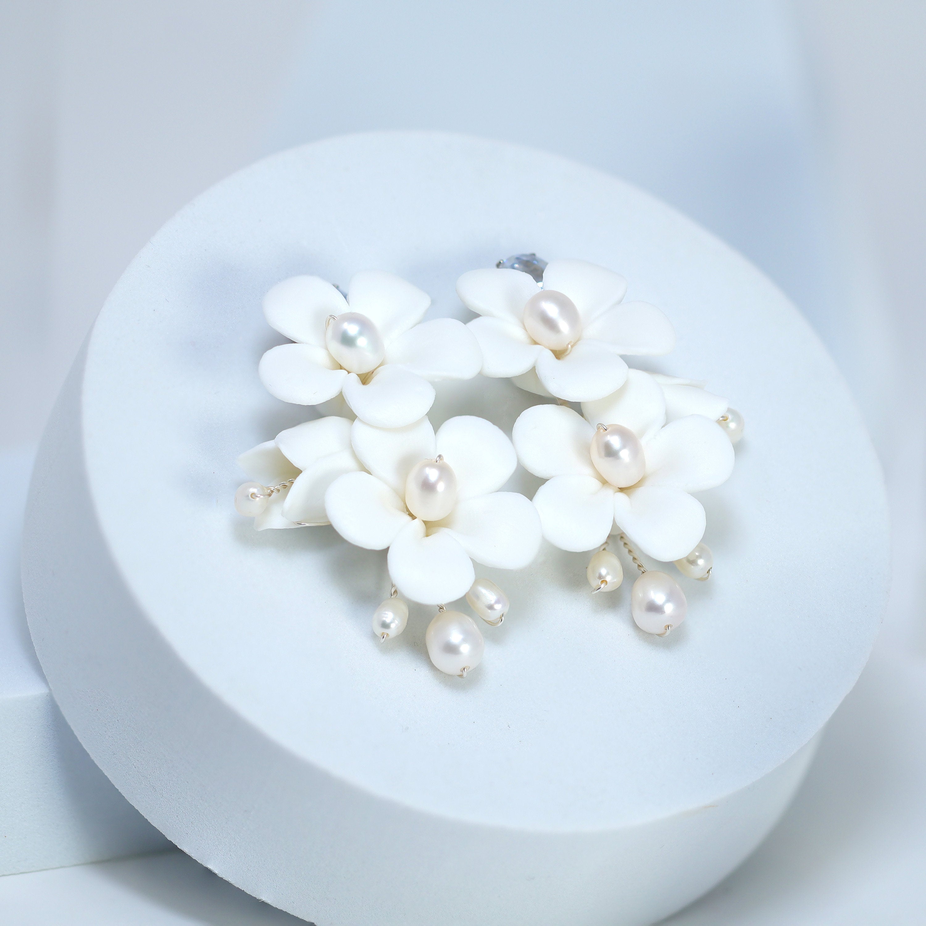 Natural Pearl Ray Of Shine Porcelain Ceramic White Flower Long Bridal Earrings Statement Earrings Cz