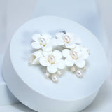 Natural Pearl Ray Of Shine Porcelain Ceramic White Flower Long Bridal Earrings Statement Earrings Cz