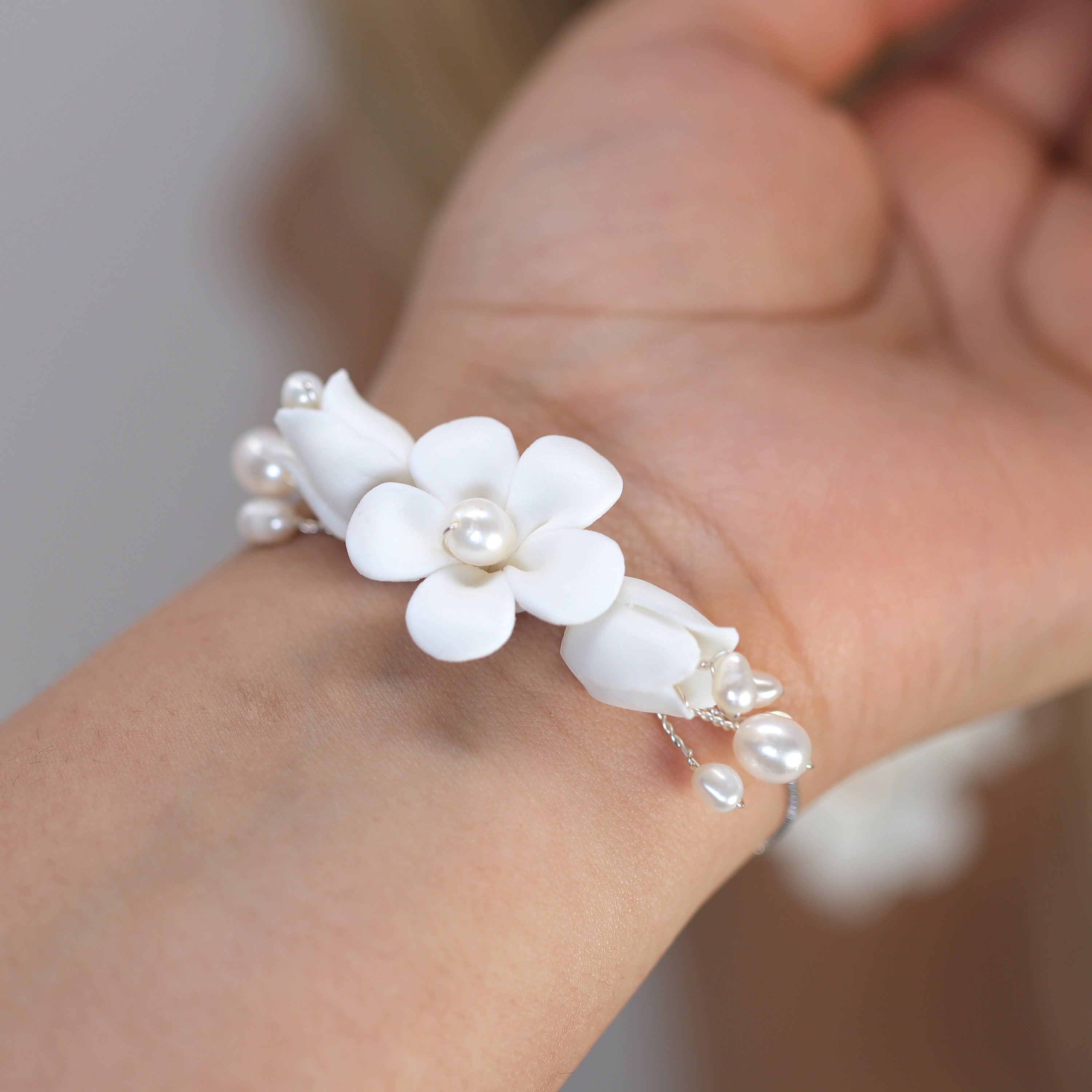 Natural Pearl Ray Of Shine Porcelain Ceramic White Flower Long Bridal Earrings Statement Earrings Cz