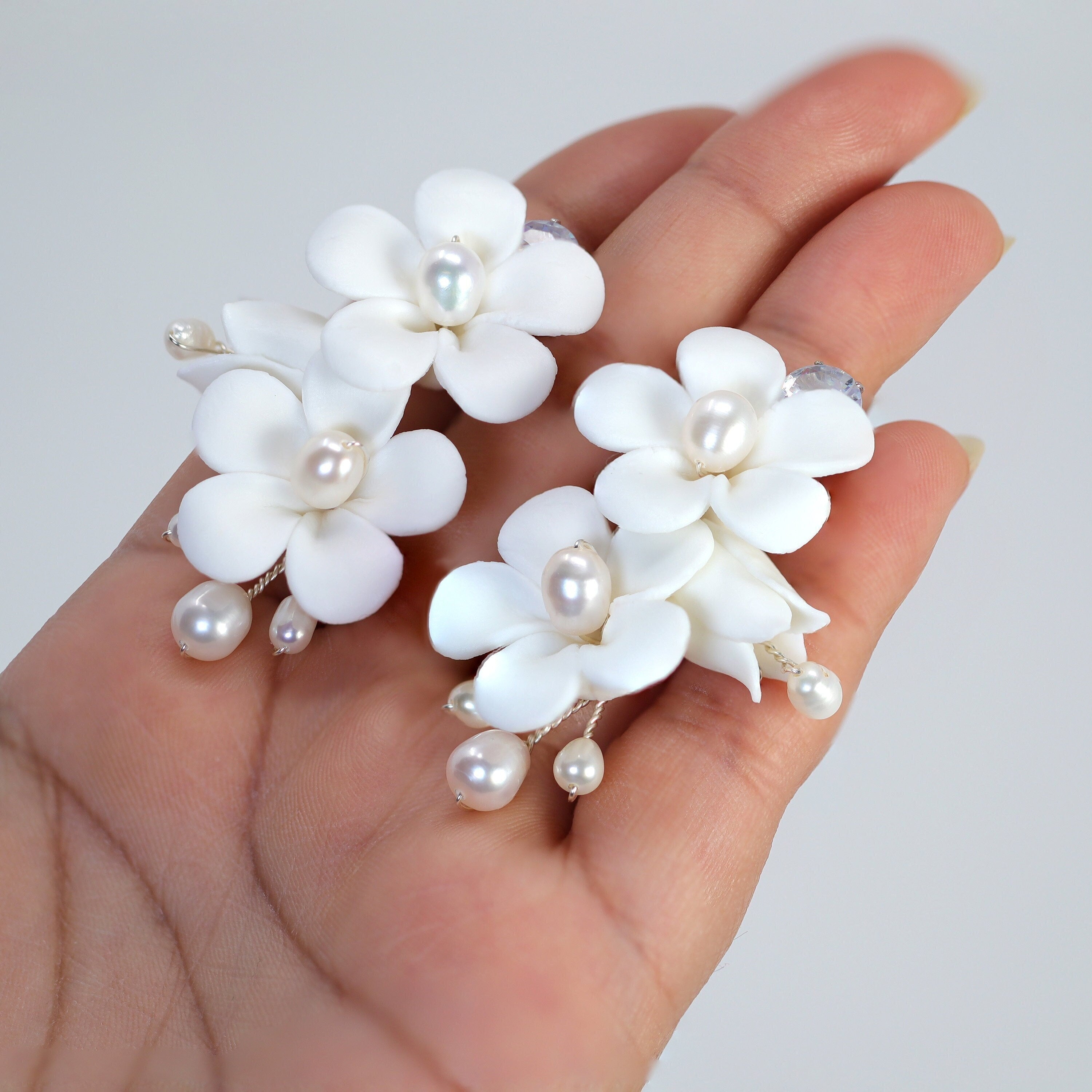 Natural Pearl Ray Of Shine Porcelain Ceramic White Flower Long Bridal Earrings Statement Earrings Cz