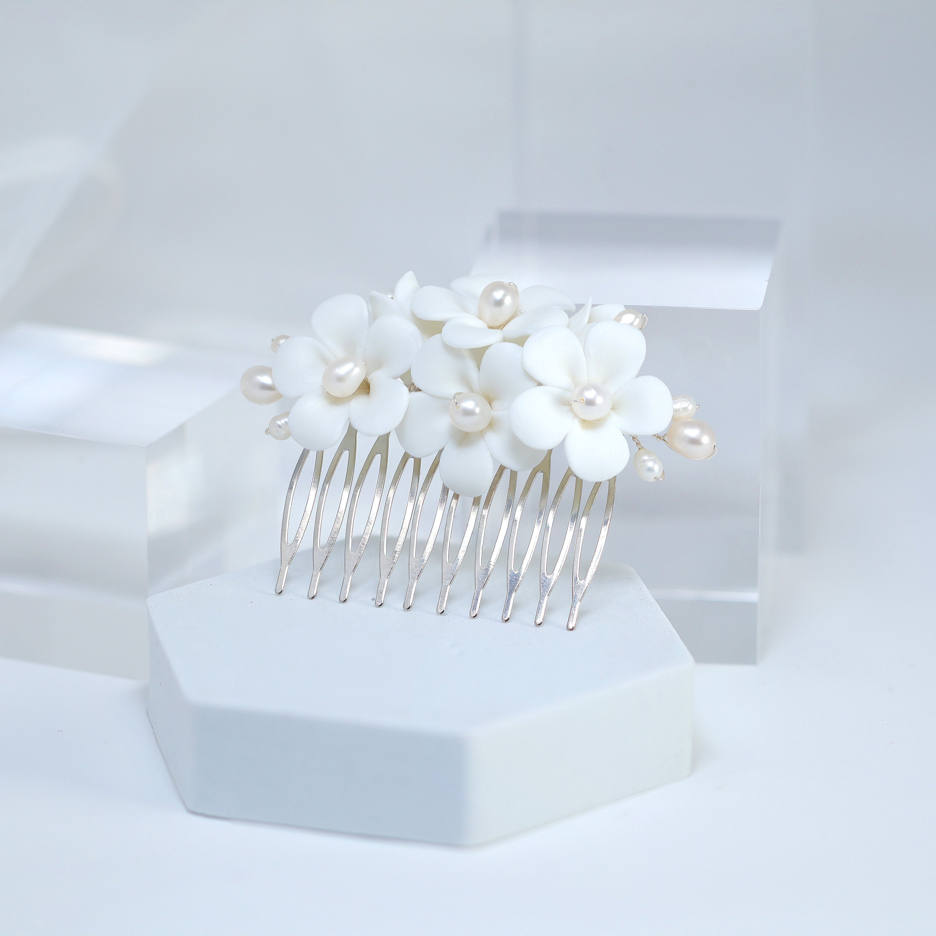 Natural Pearl Ray Of Shine Porcelain Comb, Ceramic White Flower Long Bridal Earrings Statement Earrings Cz