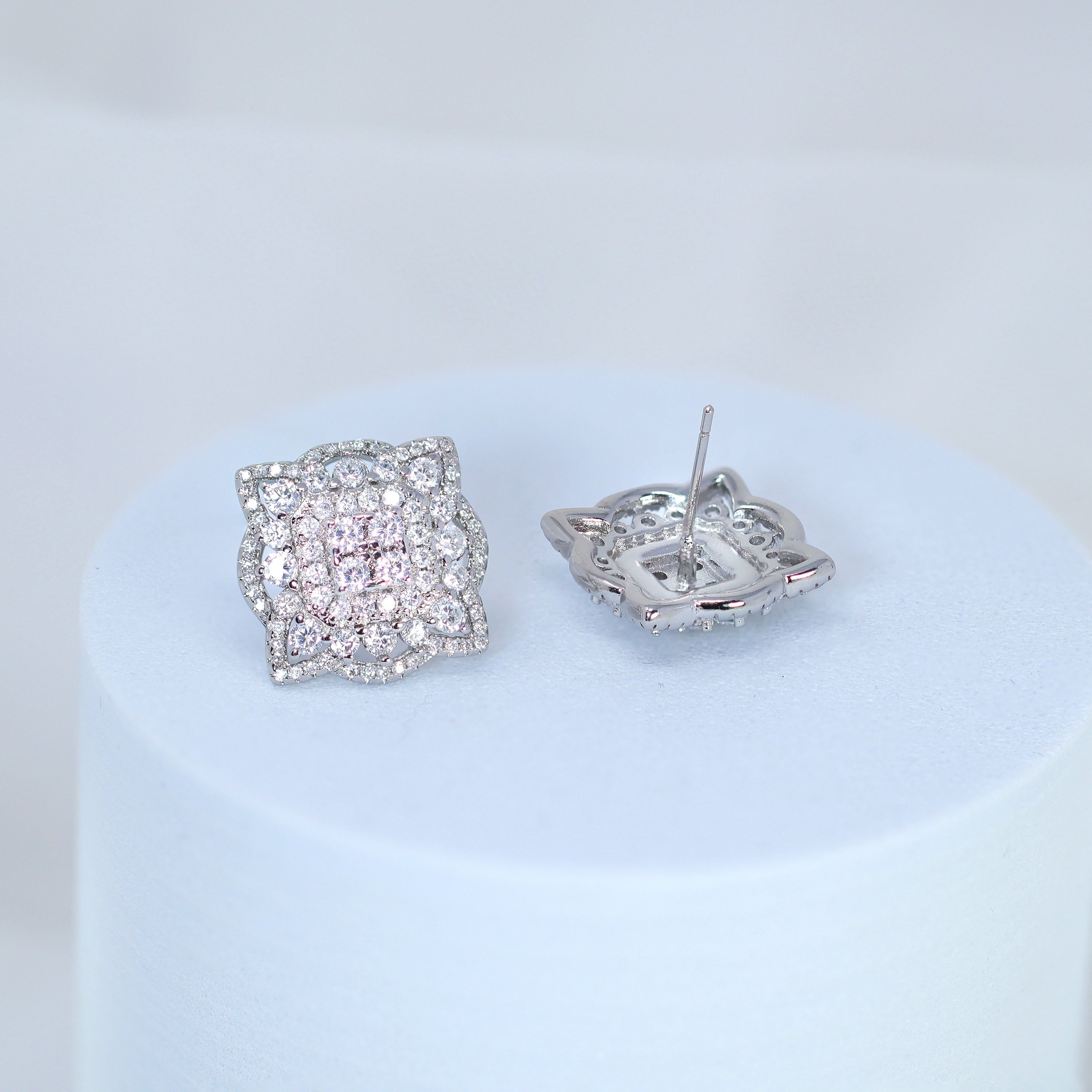 Floral Square Mandala CZ Diamond Earrings, Bridal Jewelry, Bridal Stud Earrings, Crystal Bridal Earrings, Statement Earrings Cz