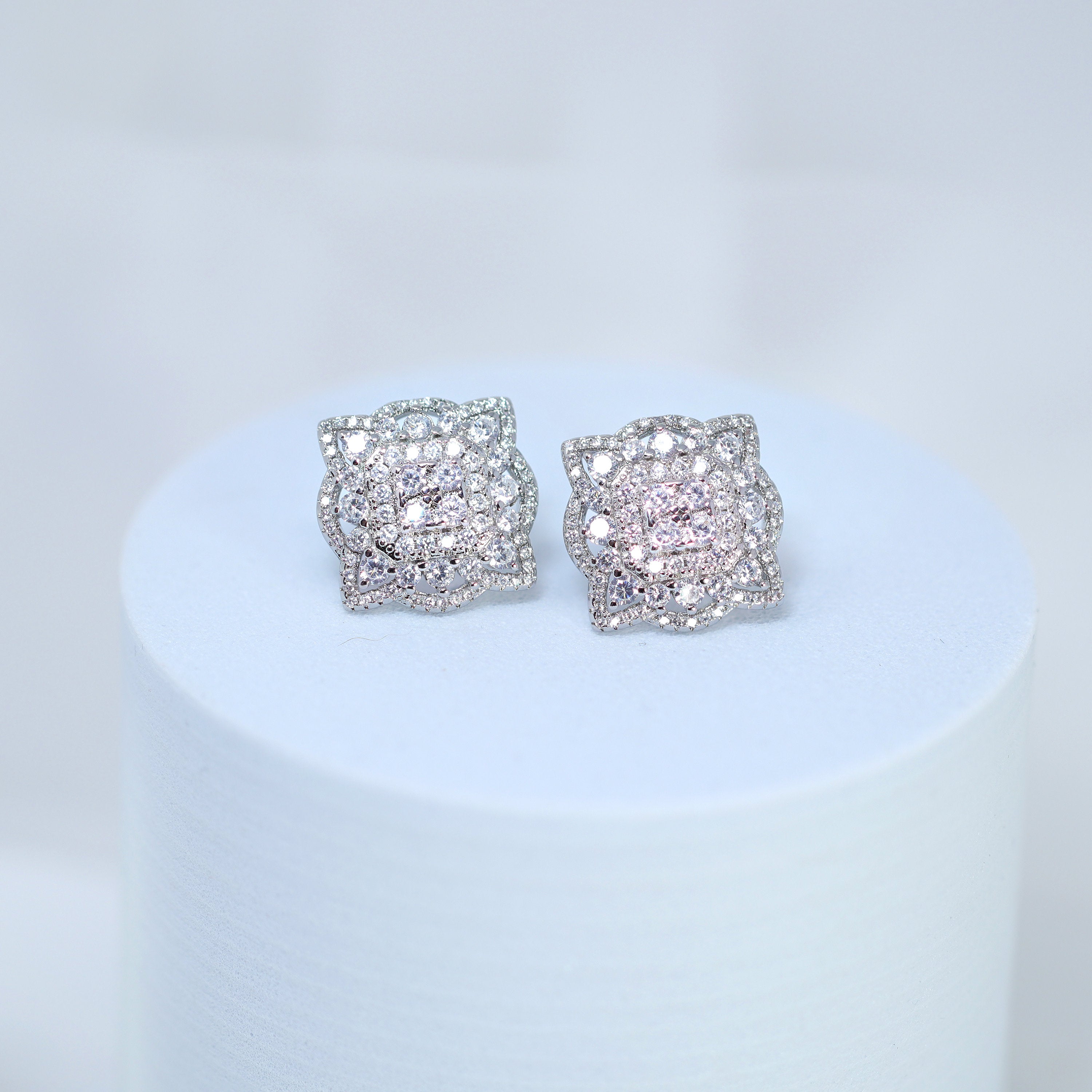 Floral Square Mandala CZ Diamond Earrings, Bridal Jewelry, Bridal Stud Earrings, Crystal Bridal Earrings, Statement Earrings Cz