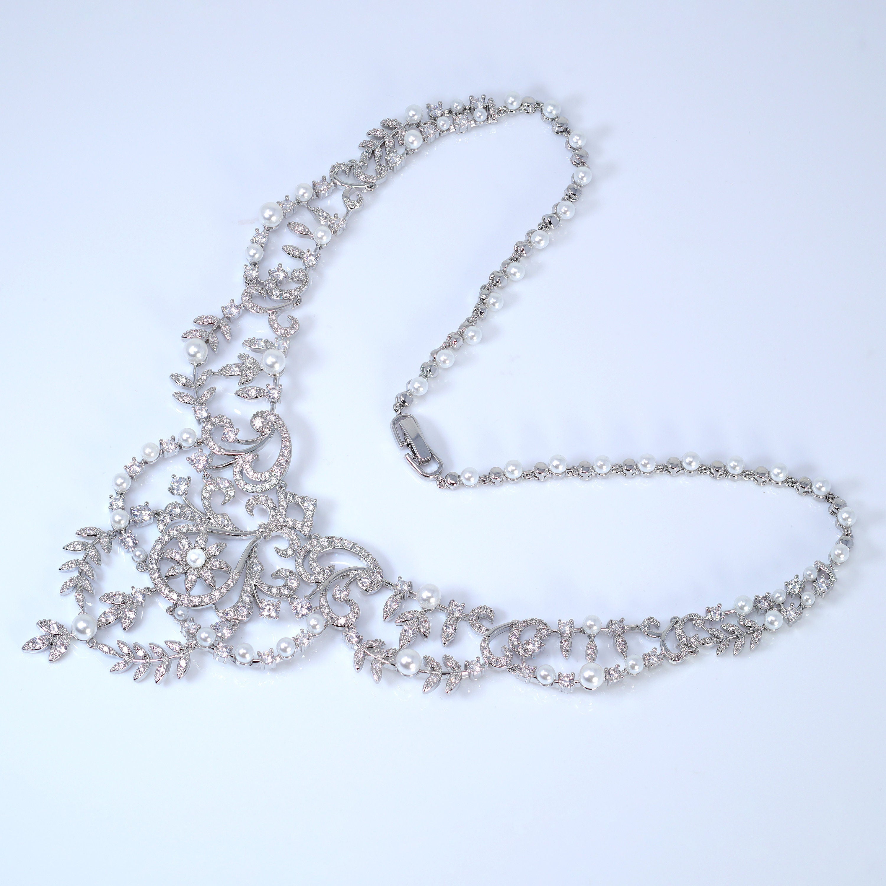 Swarovski Crystal Shimmering Chandelier Diamond/Crystal Necklace Set, Bridal Necklace Set, Faux Pearl Bridal Jewelry, Statement Necklace