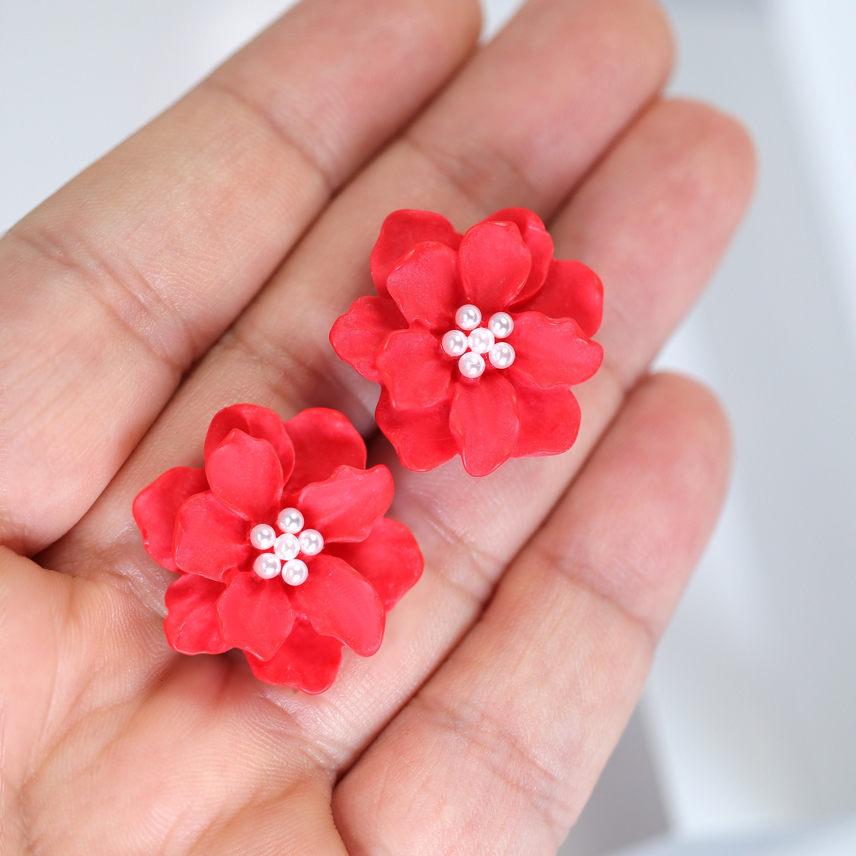 Red Flower Pearl Earrings, Bridal Jewelry, Bridal Stud Earrings, Bridal Earrings, Statement Earrings, Bridesmaid Earring.