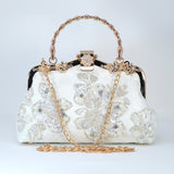 White Silver Embroidered Floral Pearl Wedding Bag, Statement Bag, Evening Clutch, Wedding Clutch, Bridal Clutch, White Cross Body Bag