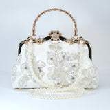 White Silver Embroidered Floral Pearl Wedding Bag, Statement Bag, Evening Clutch, Wedding Clutch, Bridal Clutch, White Cross Body Bag