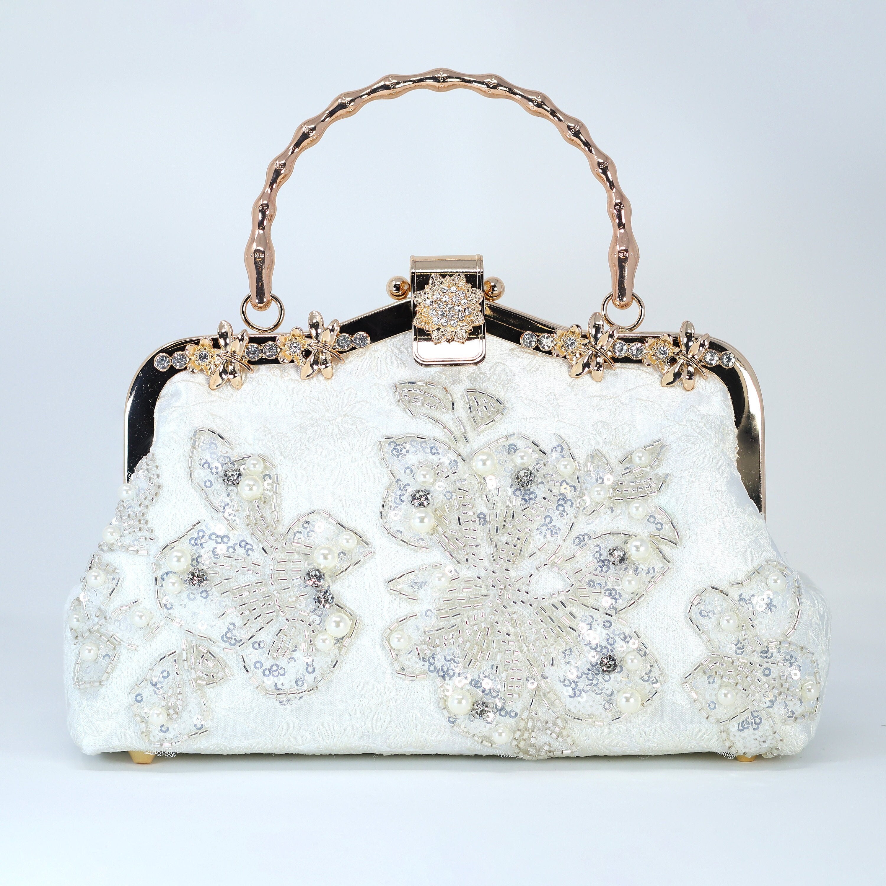 White Silver Embroidered Floral Pearl Wedding Bag, Statement Bag, Evening Clutch, Wedding Clutch, Bridal Clutch, White Cross Body Bag