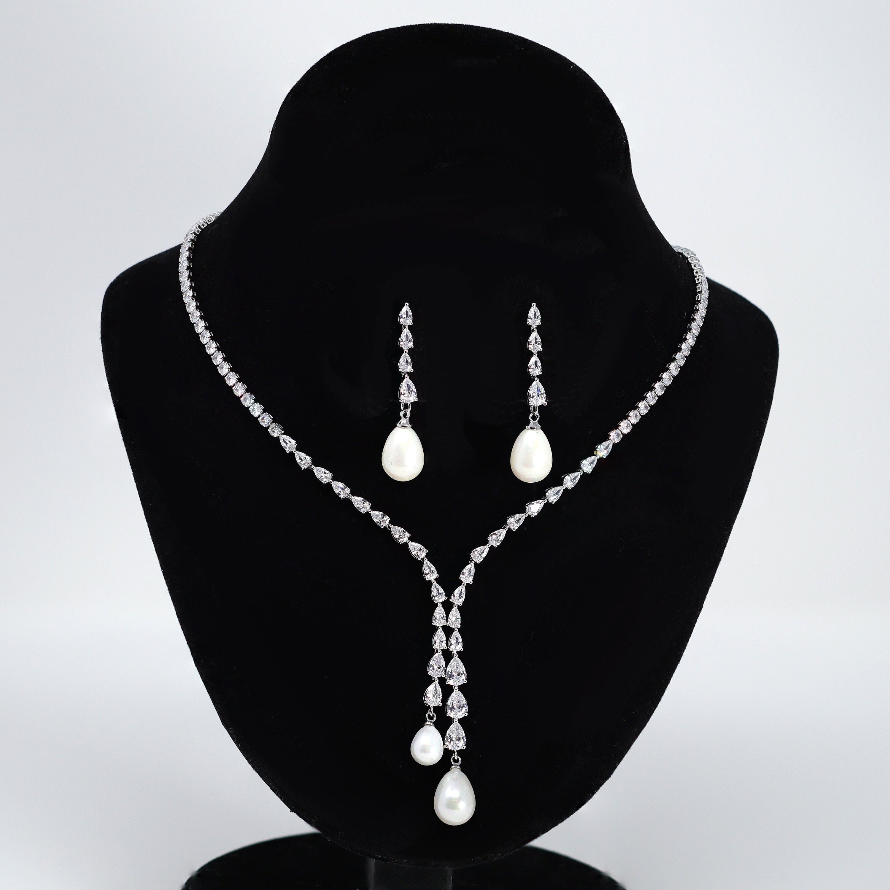 Elegant 2 Pearl Drops V Necklace Set, Dainty Bridal Jewelry Set, Gift For Her, Bridesmaid, Minimalist CZ Jewelry