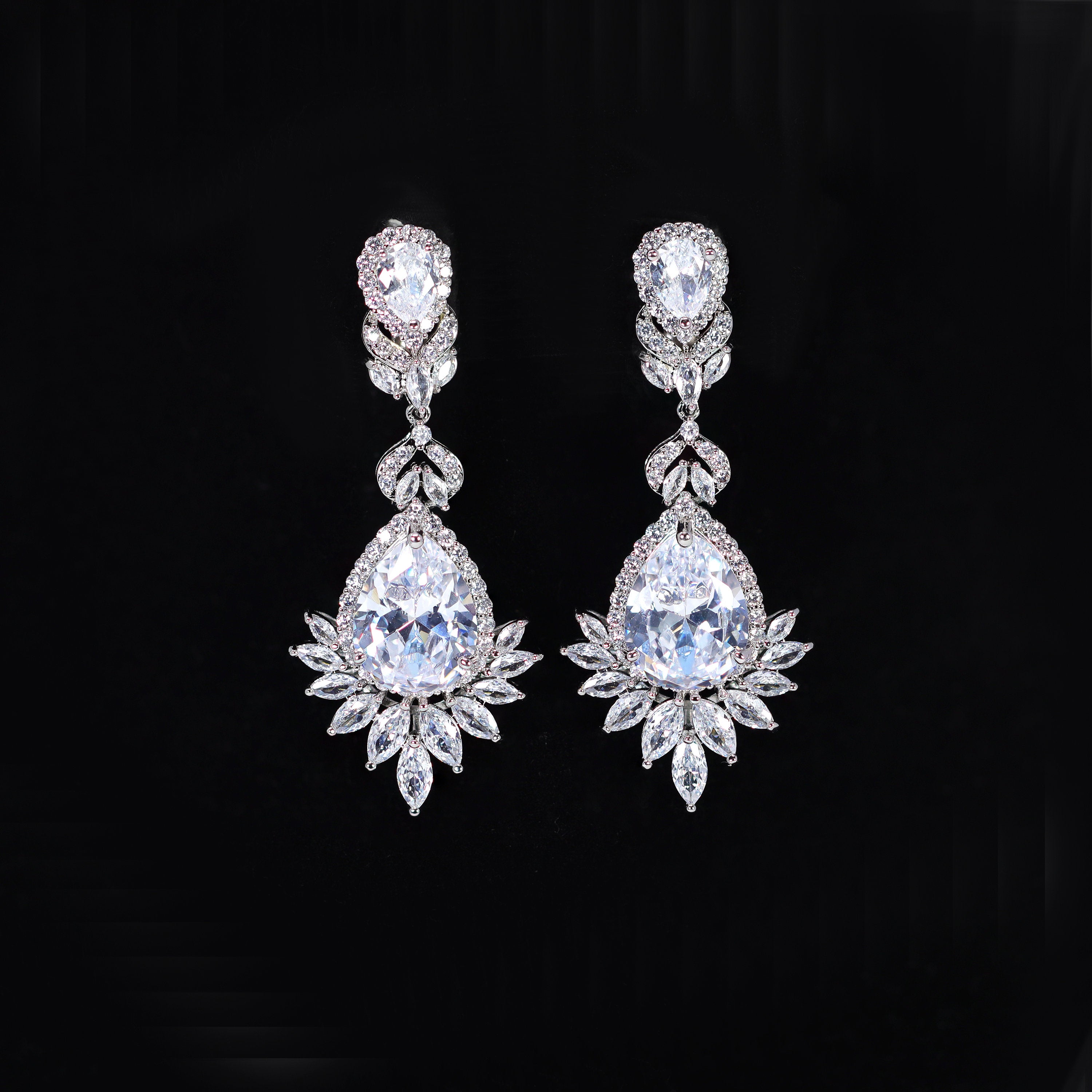 Cascade Droplets On Leaves : Swarovski Crystal Bridal Clip On Drop Earrings with Diamond Details, Bridal Earrings, Statement Earrings Cz