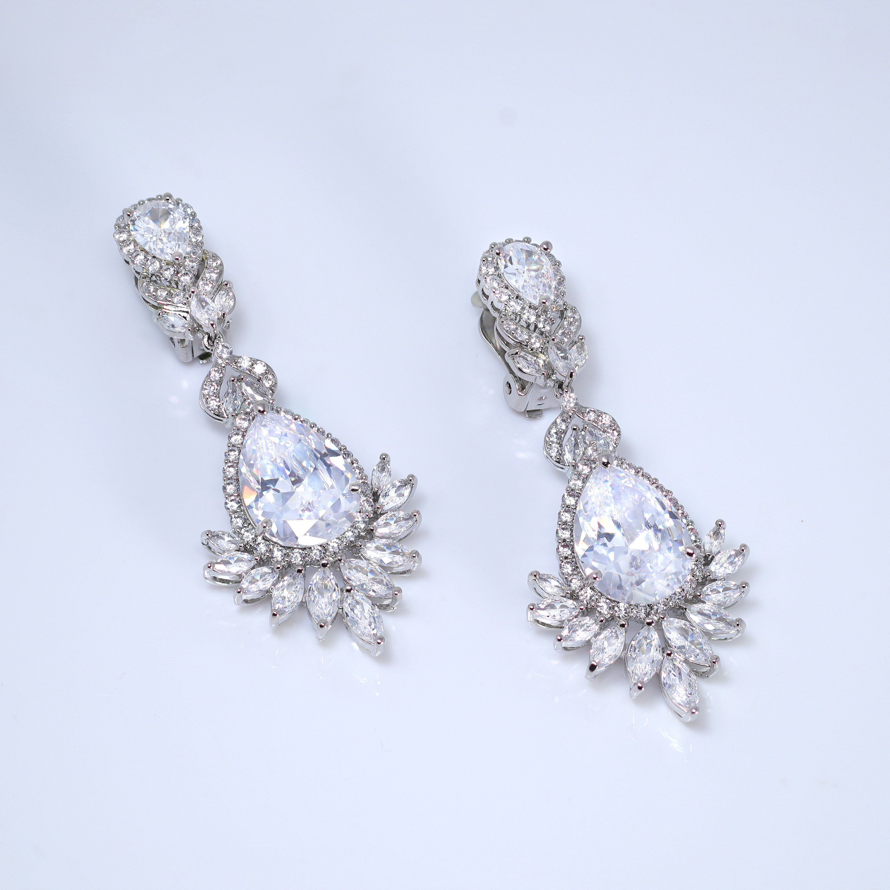 Cascade Droplets On Leaves : Swarovski Crystal Bridal Clip On Drop Earrings with Diamond Details, Bridal Earrings, Statement Earrings Cz