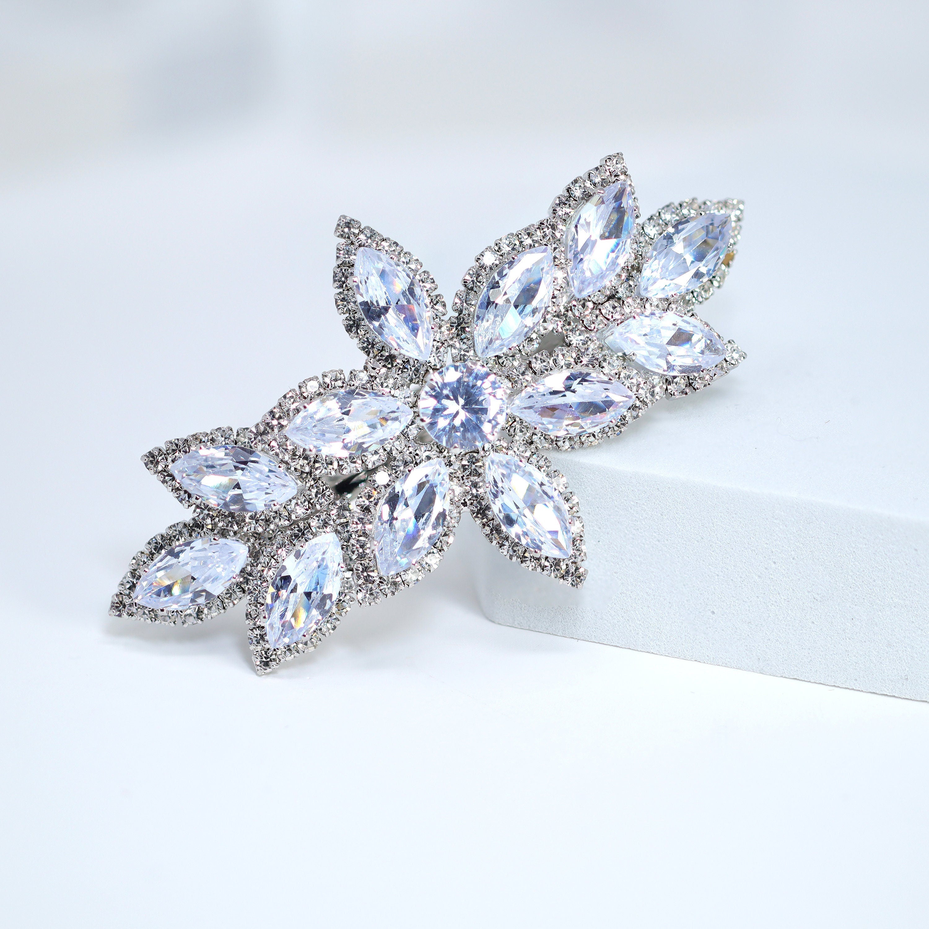 Silver Floral CZ And Rhinestone French Hair Clip, Bridal Hair Accessories, Bridesmaid Gift, Wedding Hair Accessory, Bridal Peach Hair Clip