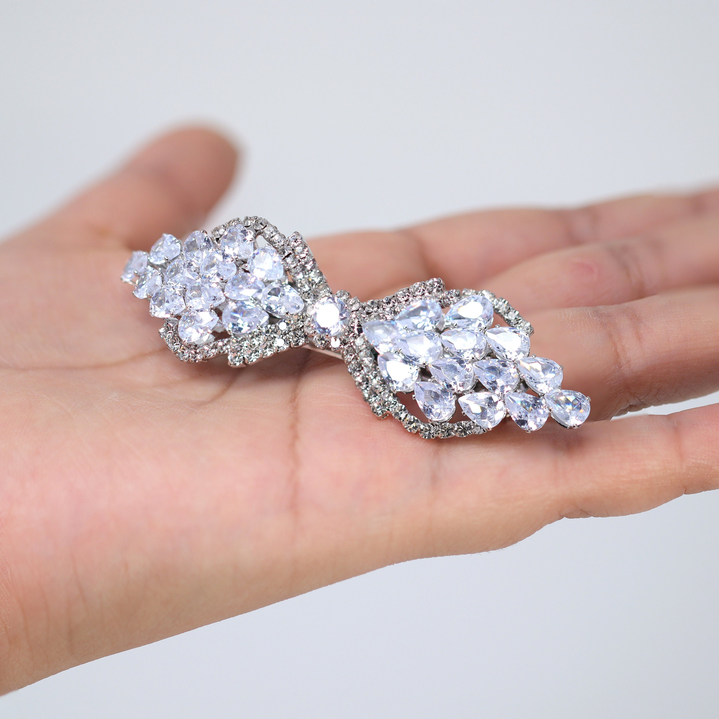 Bow Drops CZ And Rhinestone French Hair Clip, Bridal Hair Accessories, Bridesmaid Gift, Wedding Hair Accessory, Bridal Hair Clip