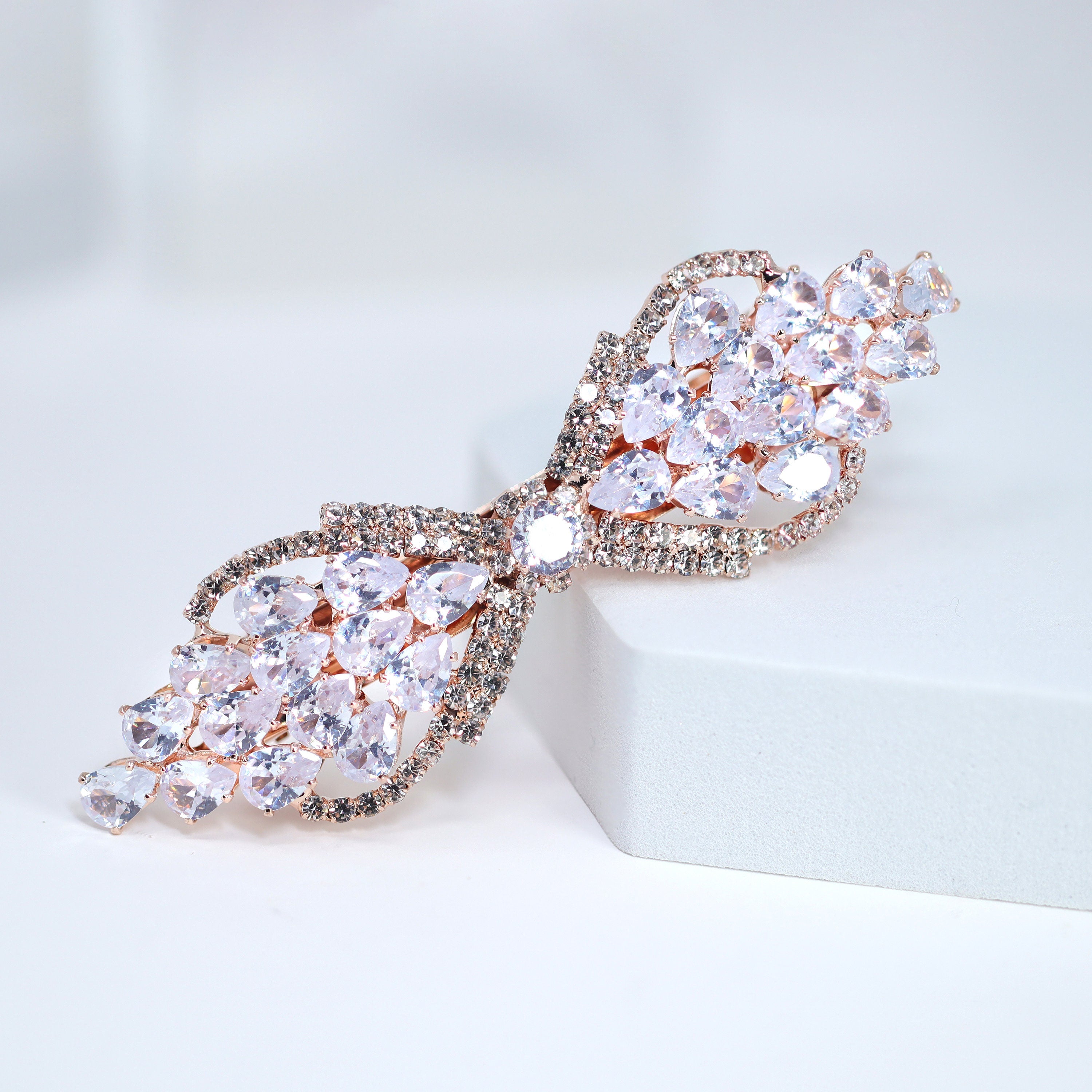 Bow Drops CZ And Rhinestone French Hair Clip, Bridal Hair Accessories, Bridesmaid Gift, Wedding Hair Accessory, Bridal Hair Clip