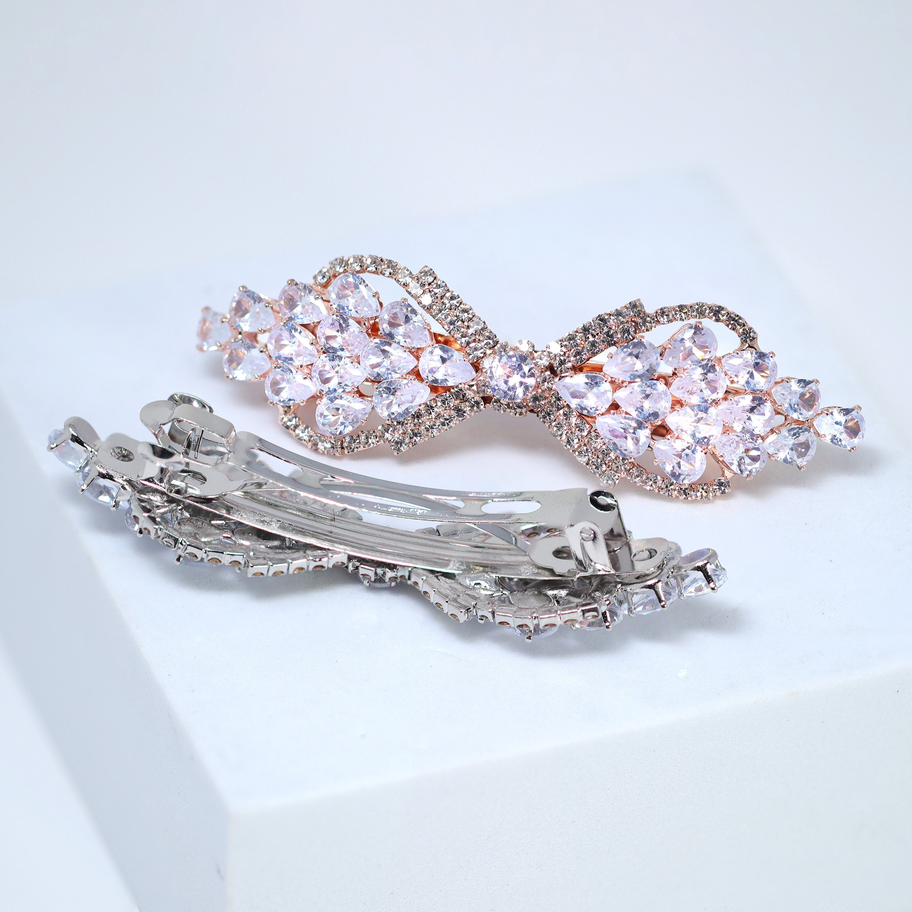 Bow Drops CZ And Rhinestone French Hair Clip, Bridal Hair Accessories, Bridesmaid Gift, Wedding Hair Accessory, Bridal Hair Clip