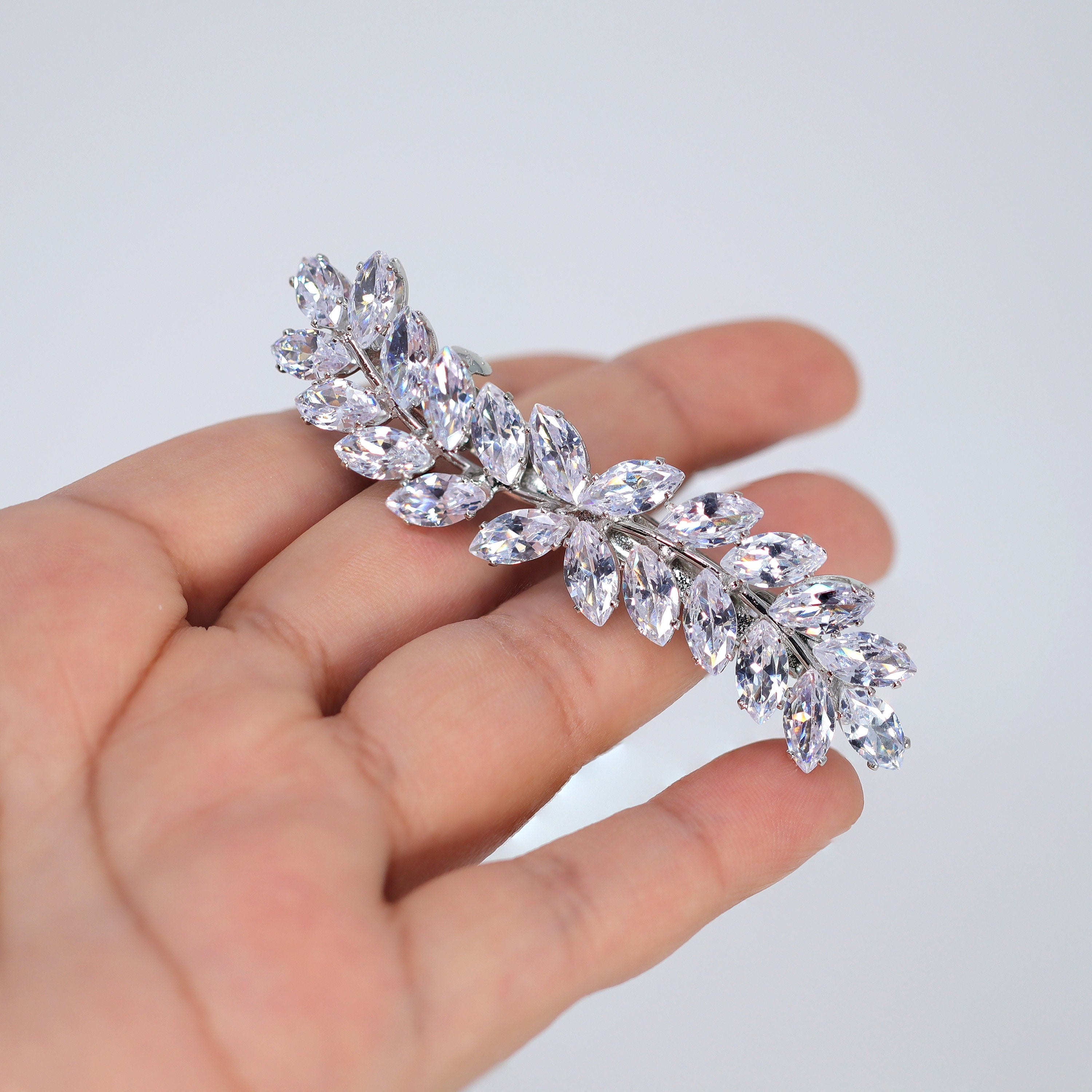 Silver Floral Leaves Vine CZ French Hair Clip, Bridal Hair Accessories, Bridesmaid Gift, Wedding Hair Accessory, Bridal Peach Hair Clip
