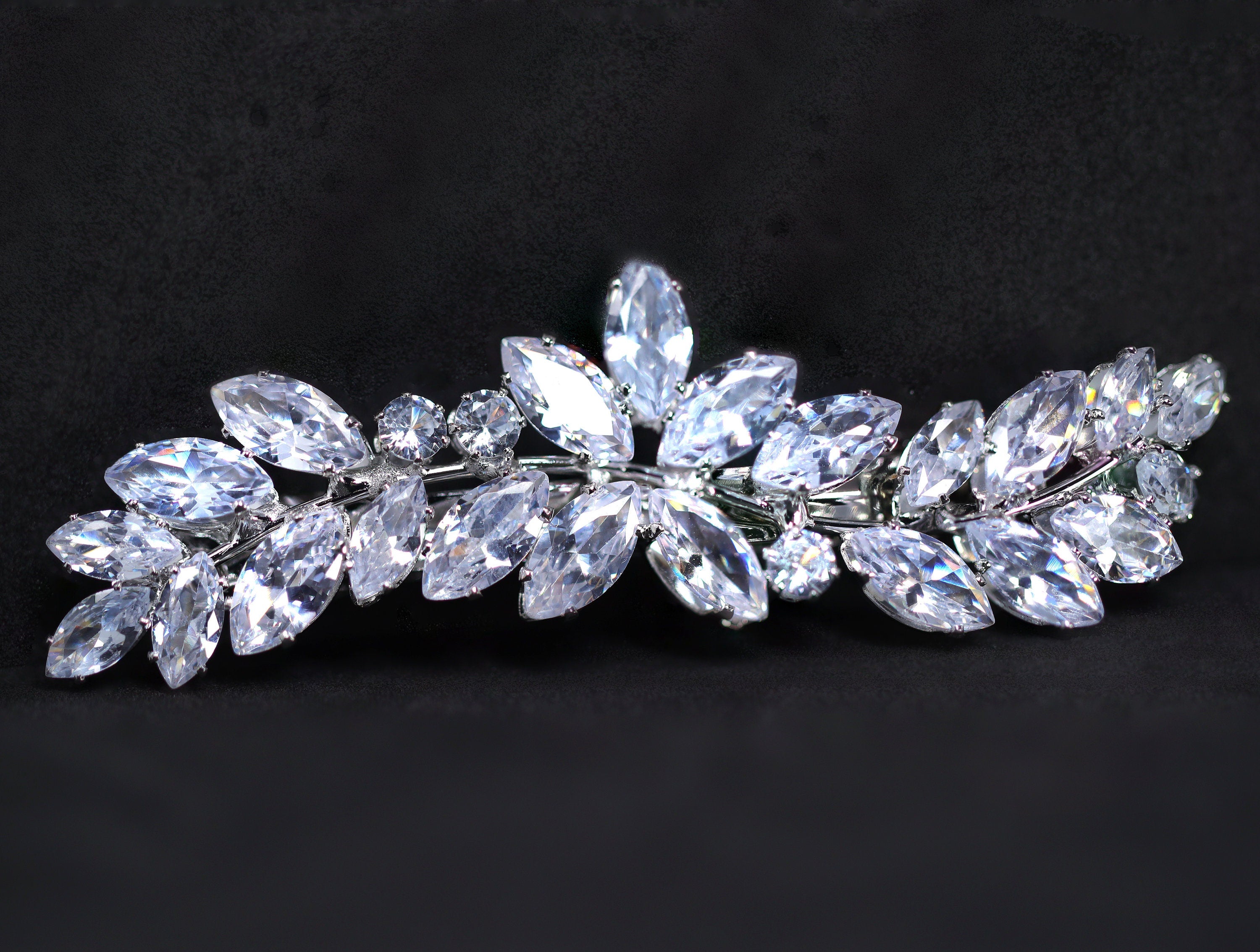 Silver Floral Leaves Wave CZ French Hair Clip, Bridal Hair Accessories, Bridesmaid Gift, Wedding Hair Accessory, Bridal Peach Hair Clip