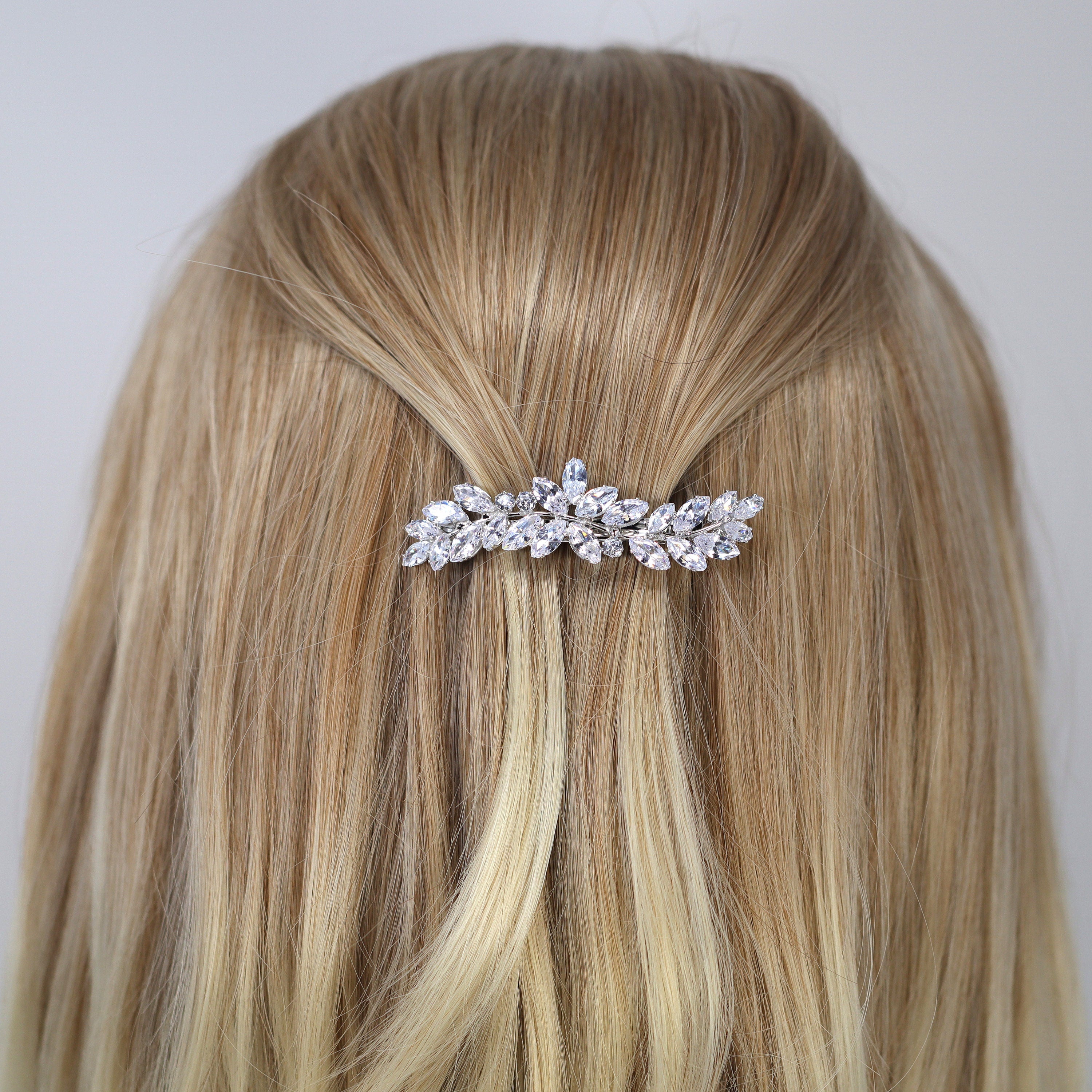 Silver Floral Leaves Wave CZ French Hair Clip, Bridal Hair Accessories, Bridesmaid Gift, Wedding Hair Accessory, Bridal Peach Hair Clip