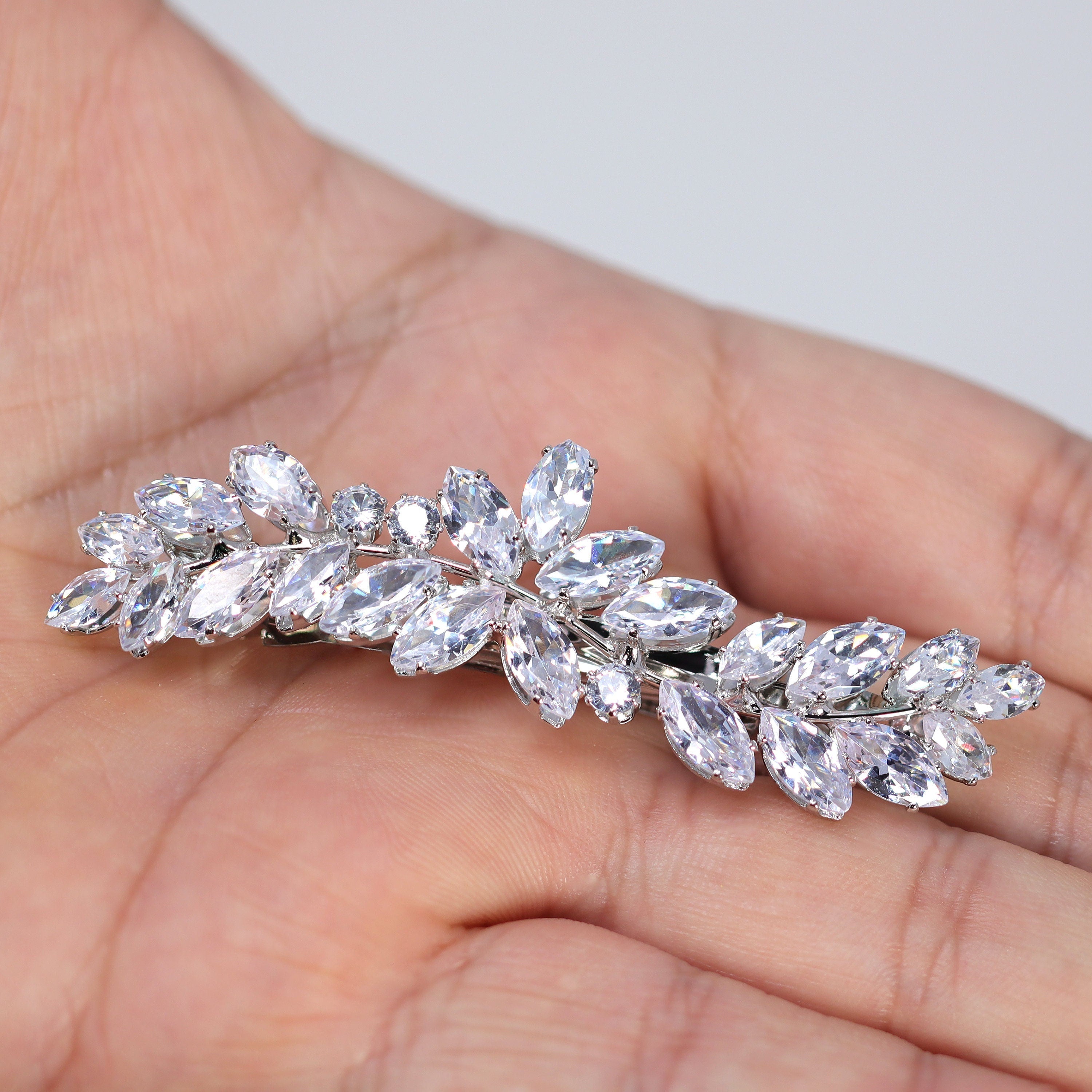 Silver Floral Leaves Wave CZ French Hair Clip, Bridal Hair Accessories, Bridesmaid Gift, Wedding Hair Accessory, Bridal Peach Hair Clip