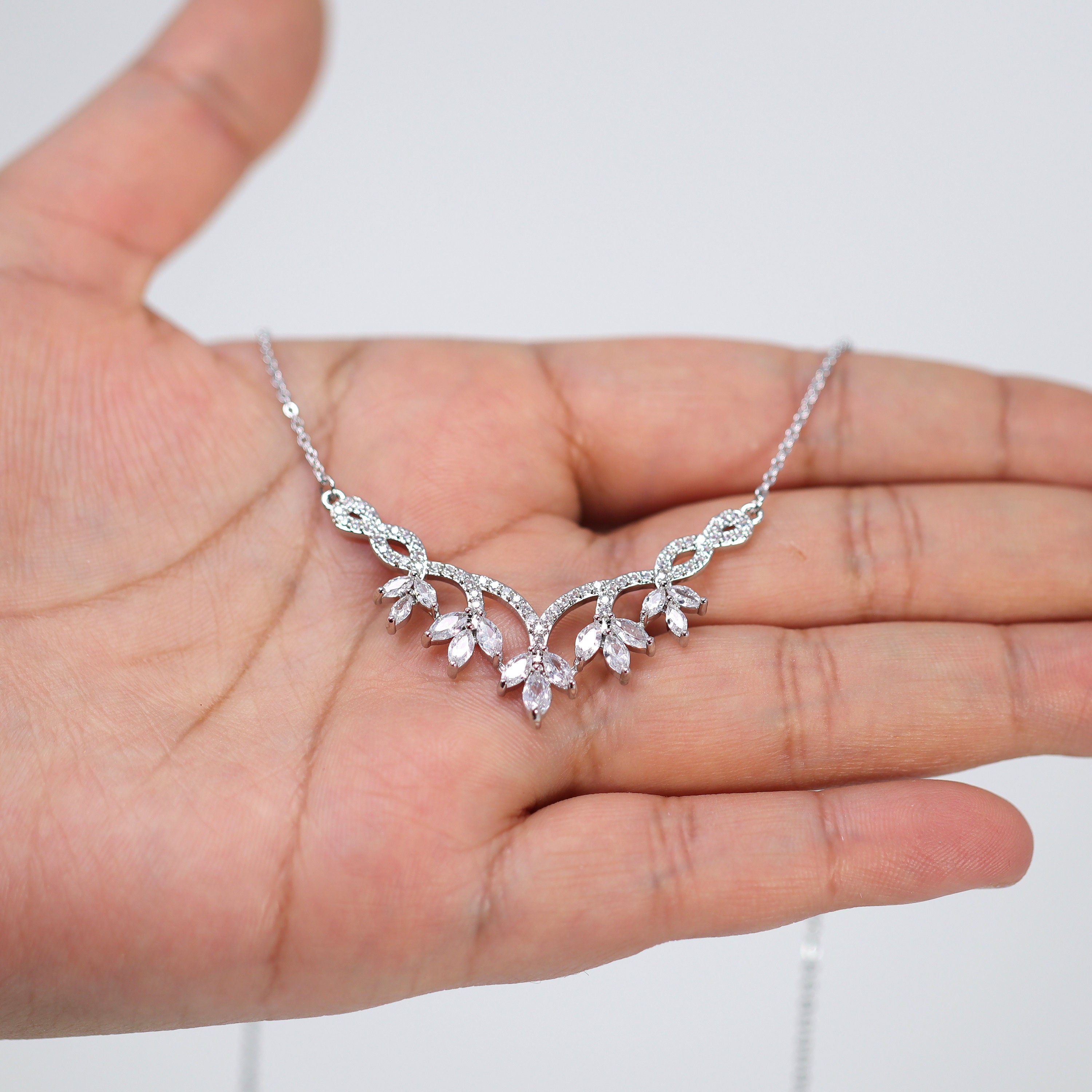 Dainty Dancing Leaves Drop V Necklace Set, Long Bridal Jewelry, Bridal Earrings And Necklace, Statement Earrings Cz Necklace Set.