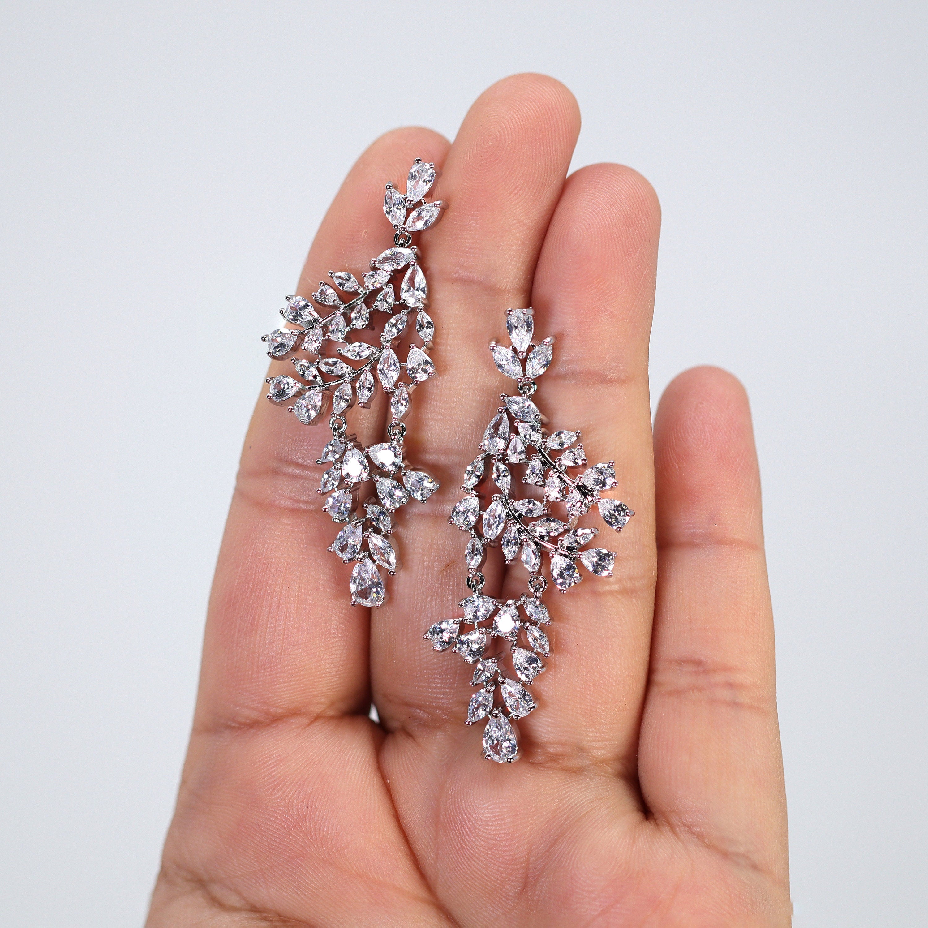 Diamond/ Swarovski Crystal Bunch Of Fallen Leaves asymmetrical Necklace Set , Long Bridal Jewelry, Crystal Earrings, Statement Earrings