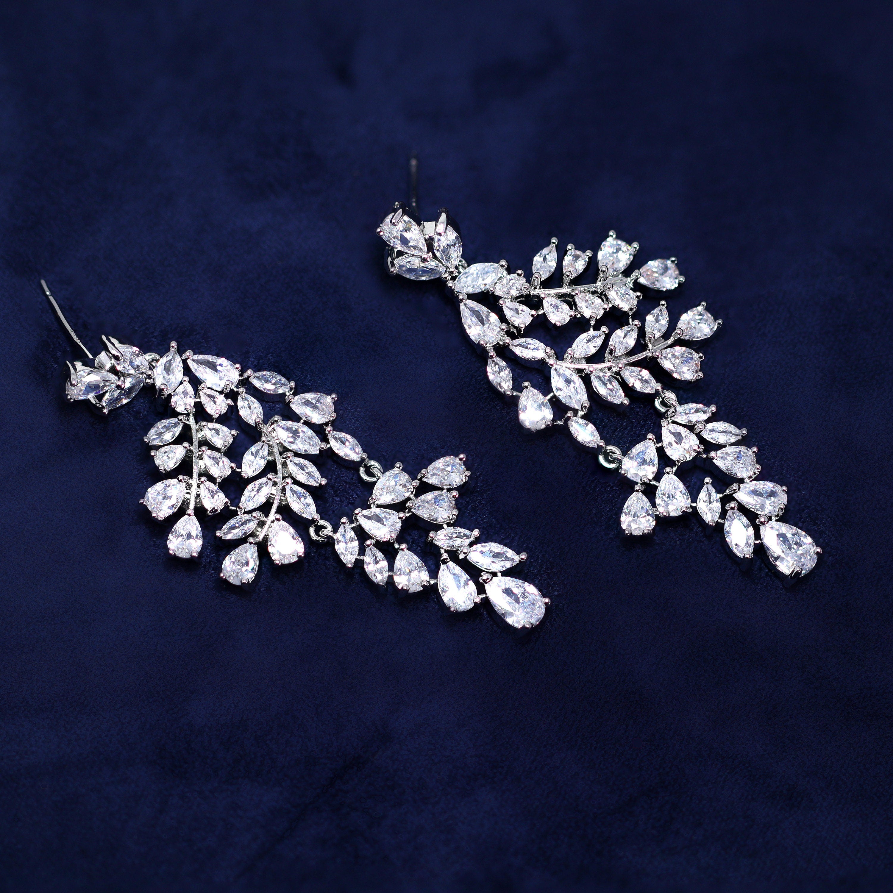 Diamond/ Swarovski Crystal Bunch Of Fallen Leaves asymmetrical Necklace Set , Long Bridal Jewelry, Crystal Earrings, Statement Earrings