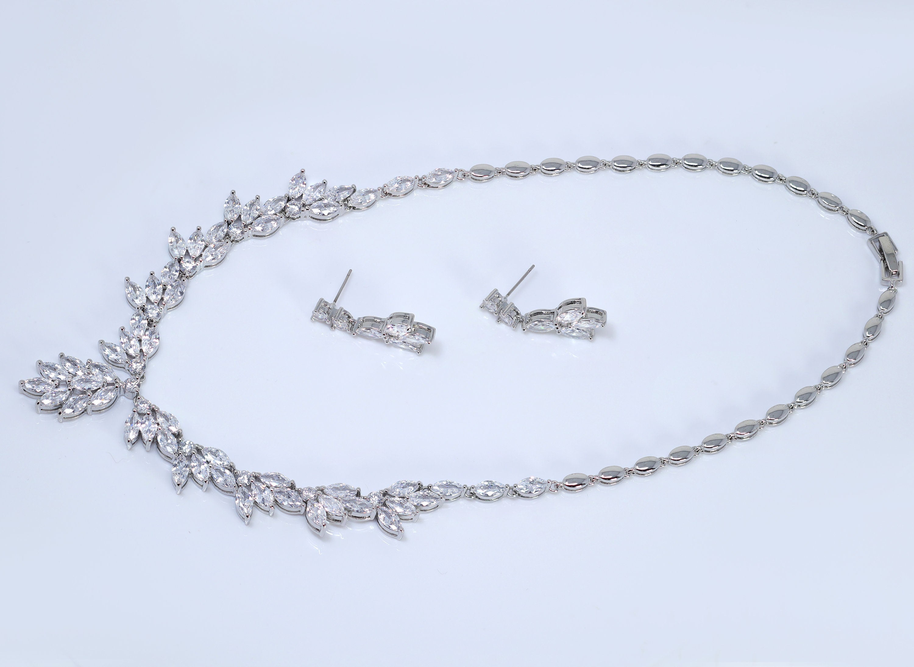 Swarovski Crystal Gleaming Leaflet Bridal Ensemble Diamond/Crystal Necklace, Bridal Necklace Set, Bridal Jewelry, Statement Necklace